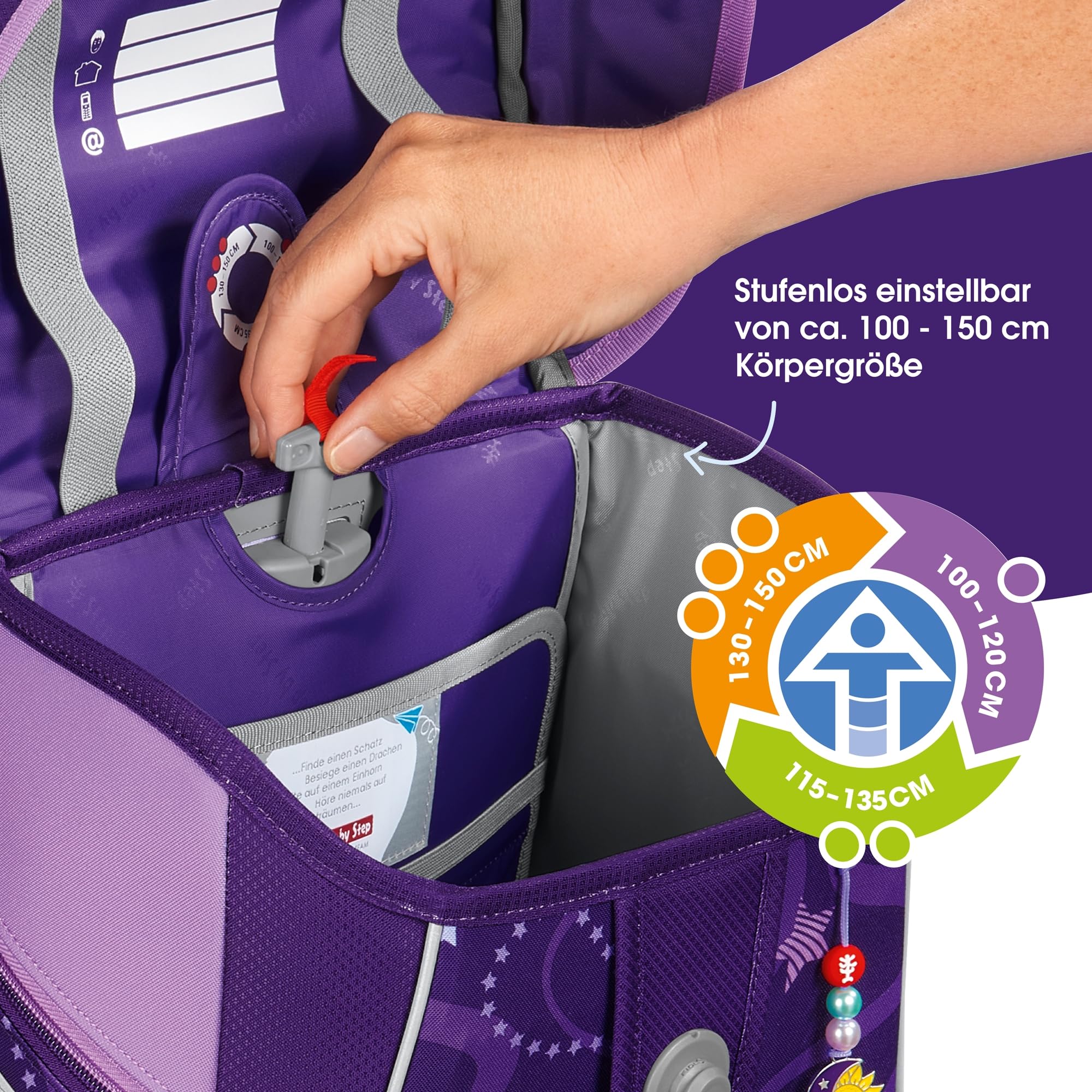 Step by Step Tornister szkolny Space, 5-częściowy, ergonomiczny tornister z odblaskami, regulacja wysokości z paskiem biodrowym, od 1. klasy, 20 l, Pegasus Emily - fioletowy, Rozmiar uniwersalny