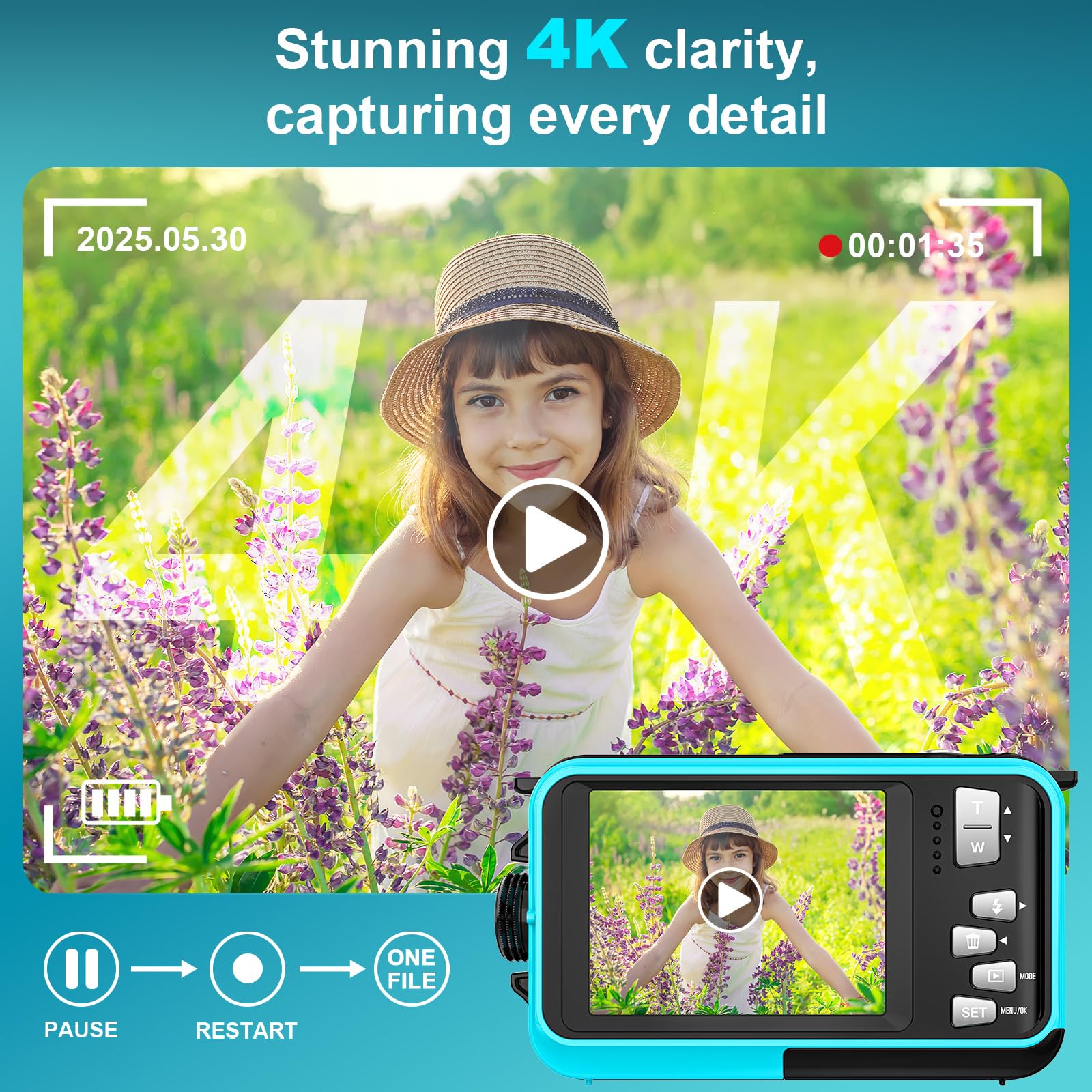 Digitalkamera, Yixinxin 4K Unterwasserkamera, 64MP Autofokus 16FT Digitalkamera wasserdichte mit 32GB Karte, Dual-Screen Selfie 1250mAh Batterie, 16X schwimmfähig Digital für Schnorcheln