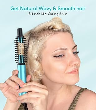 Farery Mini Thermal Brush, Curling Iron 3/4 Inch, Heated Round Brush for Volumizing and Small Curls, Travel Size Hot Brush for Short & Thin Hair, Dual Voltage, One Heat 392F, Touch-ups, Blue