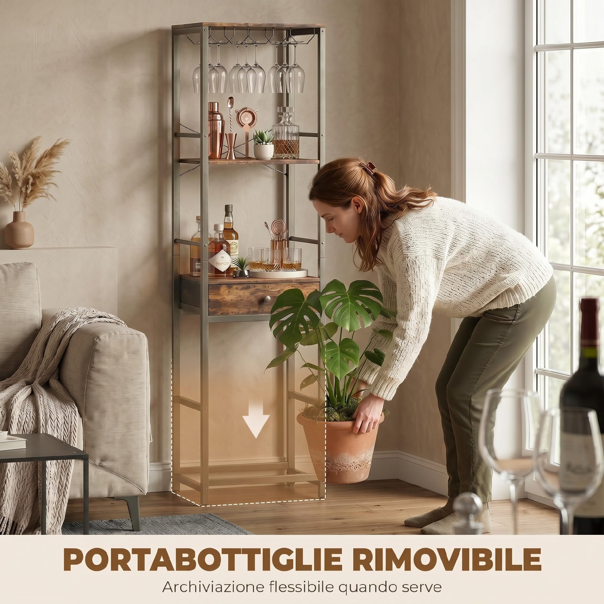 HOMCOM Portabottiglie Vino per 12 Bottiglie e Cassetto Marrone Rustico | Porta Bottiglie di Vino, Mensola Aperta, Design Industriale, per Cucina Soggiorno