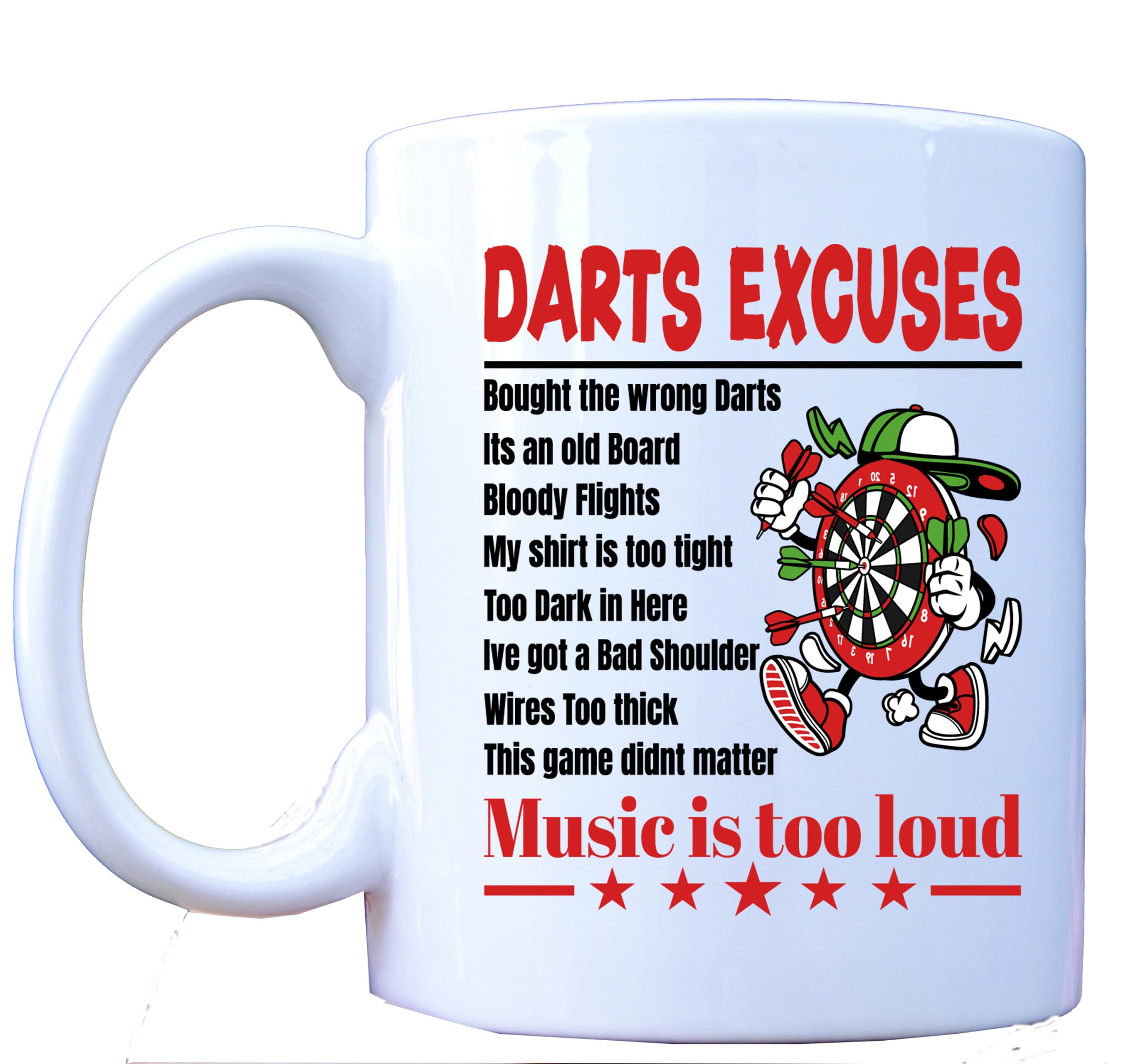 MILLHOUSE PRINTS Darts Excuses Mug - Funny Dart Player Excuses Tea Coffee Cup - Humorous Dartboard Design with Common Darts Sayings, 330ml, White Ceramic