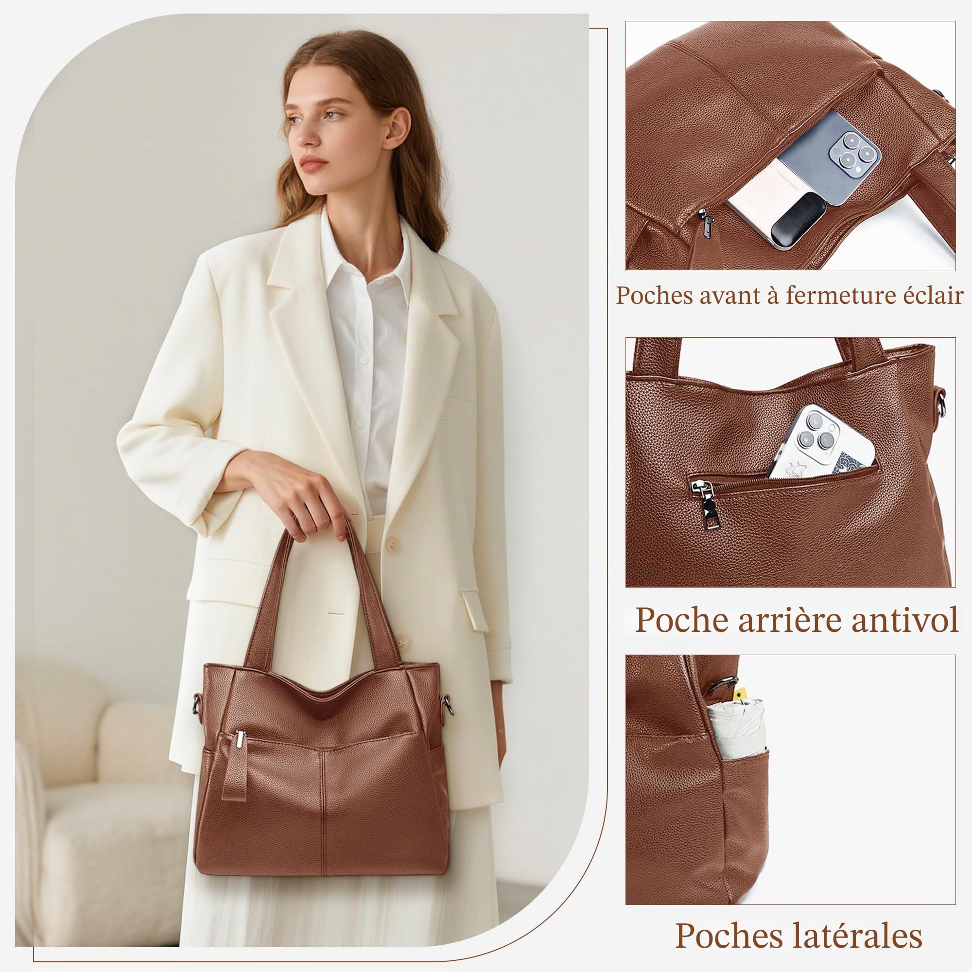 Sac Shopper Femme Moyen En PU Imperméable, Main Élégant Multi Compartiments, Bandoulière Réglable, Pratique Quotidien Pour Travail, Voyage, Shopping, Loisirs