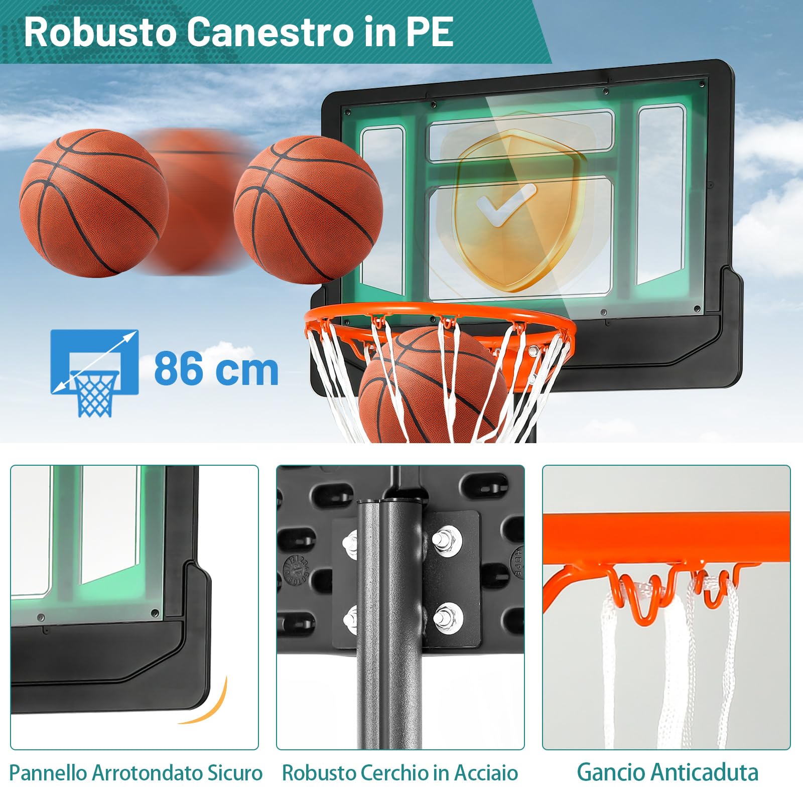 COSTWAY Canestro Basket Bambini, Canestro da Basket Esterno ed Interno Portatile e Regolabile in Altezza 90-210cm, con Ruote, Tabellone Infrangibile e Incavo per Pallone