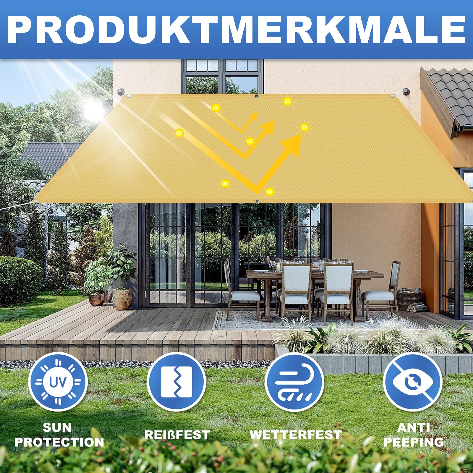 Sonnensegel Wasserdicht Rechteckig 3x4M, ohne Bohren,Sonnenschutz Terrasse UV-Schutz, wetterfest, 100% Polyester Schattierungsnetz mit Ösen und Seil für Pergola, Sandfarben