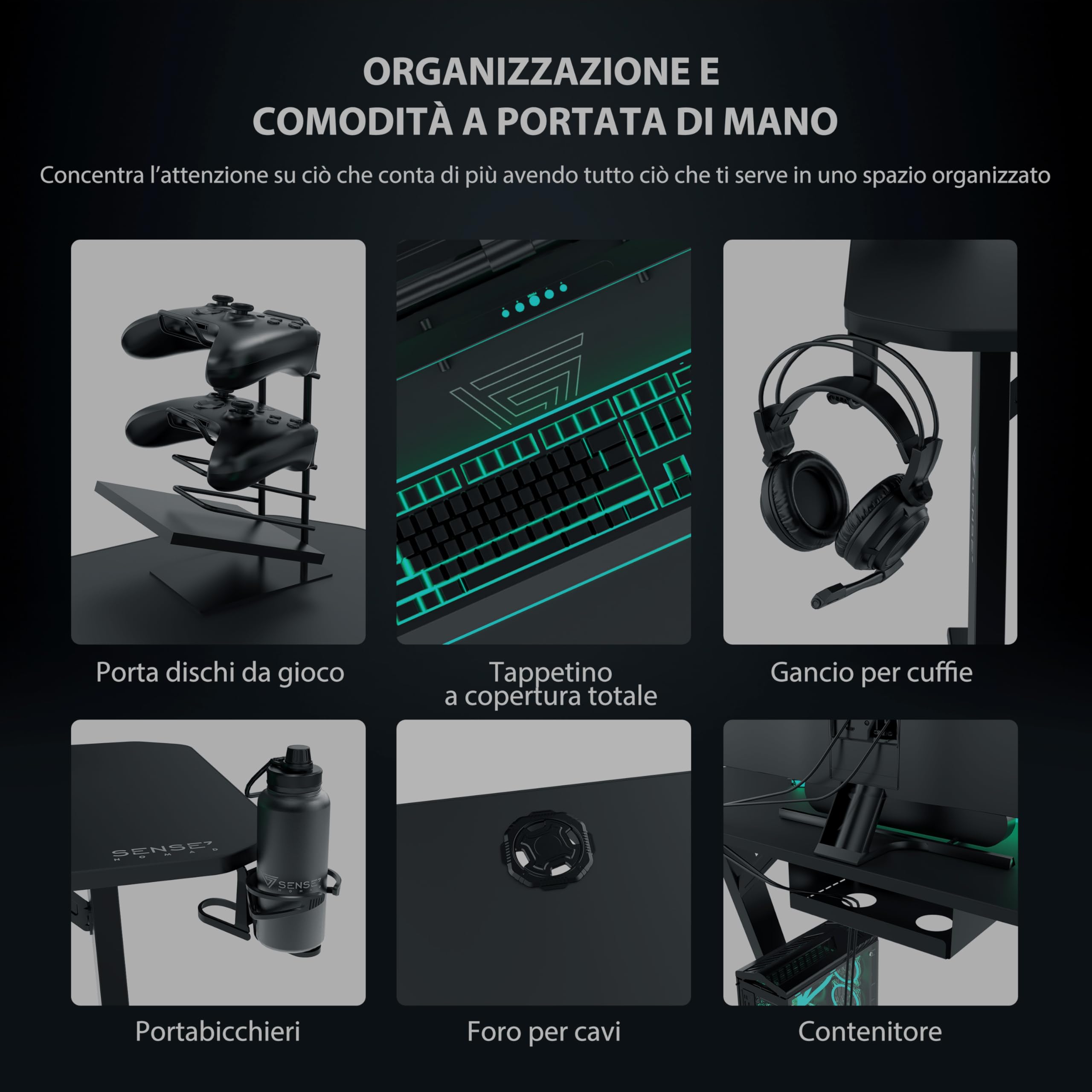 SENSE7 Scrivania Nomad Classic, tavolo gaming 140x60 con gancio per cuffie, porta bevande, supporto controller e superficie in fibra di carbonio, Ergonomico e ideale per il gaming