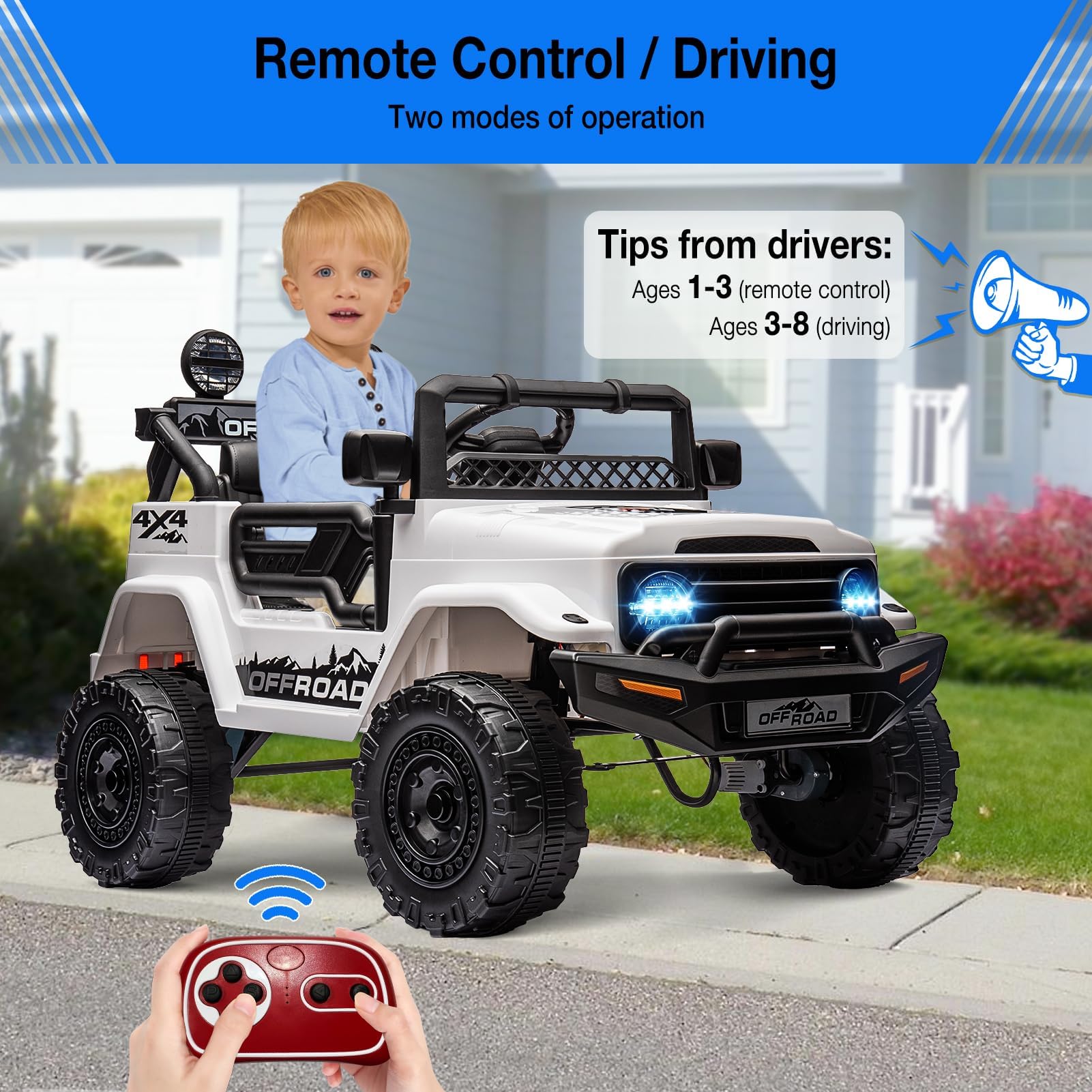 12V Elektro-Kinderfahrzeug mit Federung, Fernbedienung, LED-Beleuchtung & Drahtlos – 3 Geschwindigkeiten, geeignet für Kinder von 3-8 Jahren – Farbe: Weiß