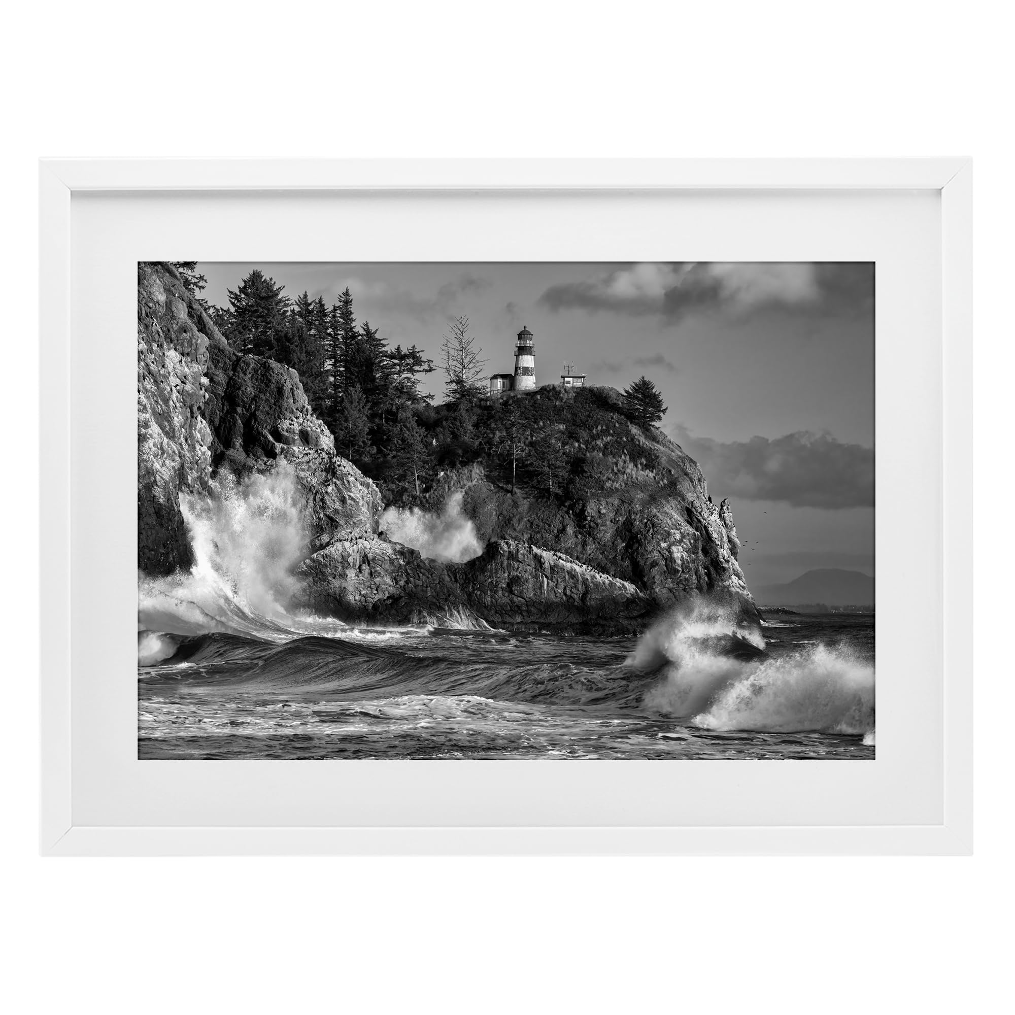 Stupell Industries Nautical Lighthouse Over Rolling Waves, Greyscale Coastal Cliff Landscape, 14 x 20 Inch Framed Matted Print Under Glass, by Rick Berk, Made in USA Gift