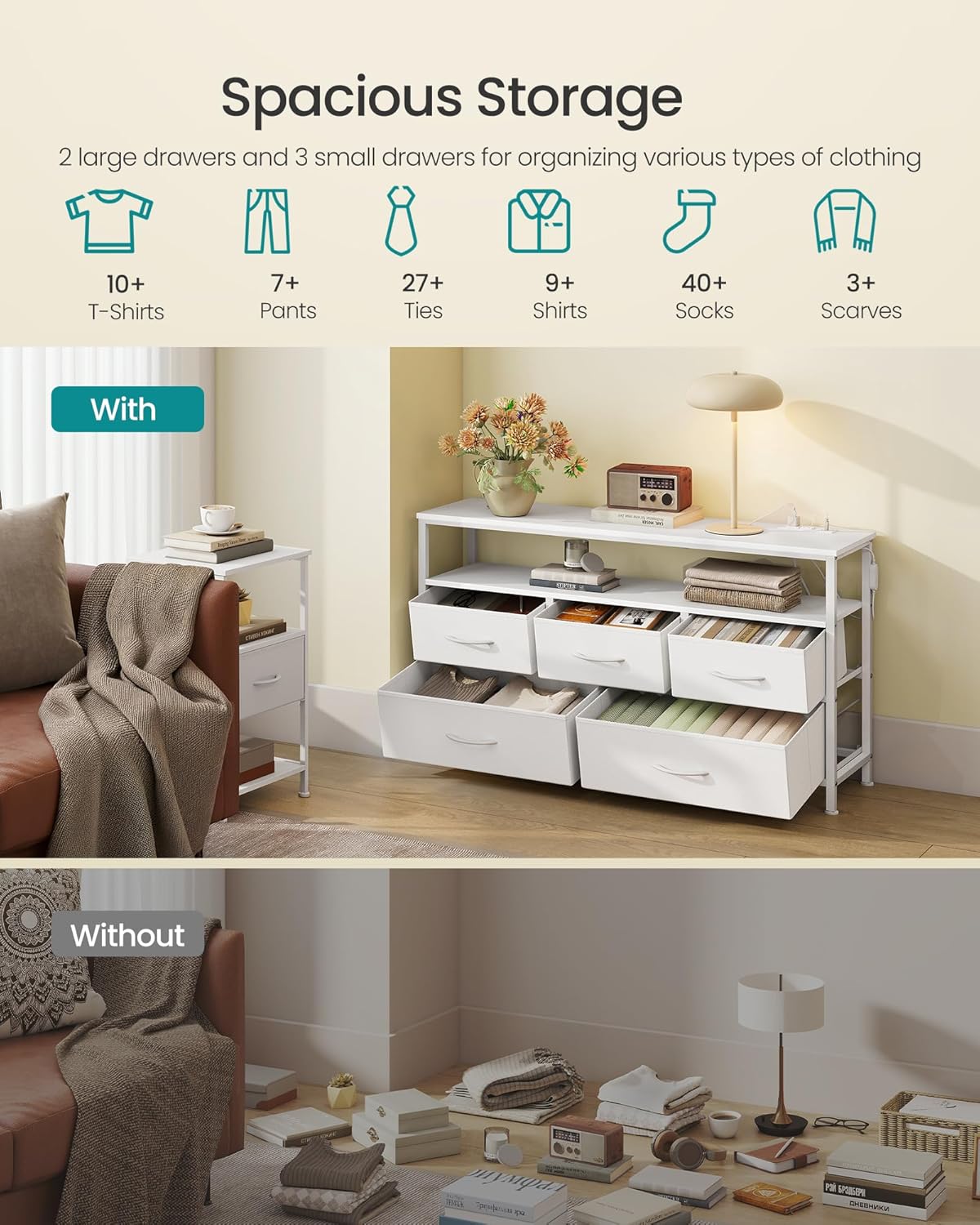 SONGMICS BELLAH Collection - Dresser for Bedroom with App-Controlled LED Lights and Charging Station, Chest of Drawers, TV Stand, 5 Drawers, Shelf, Modern, Cloud White ULGS723WH05S