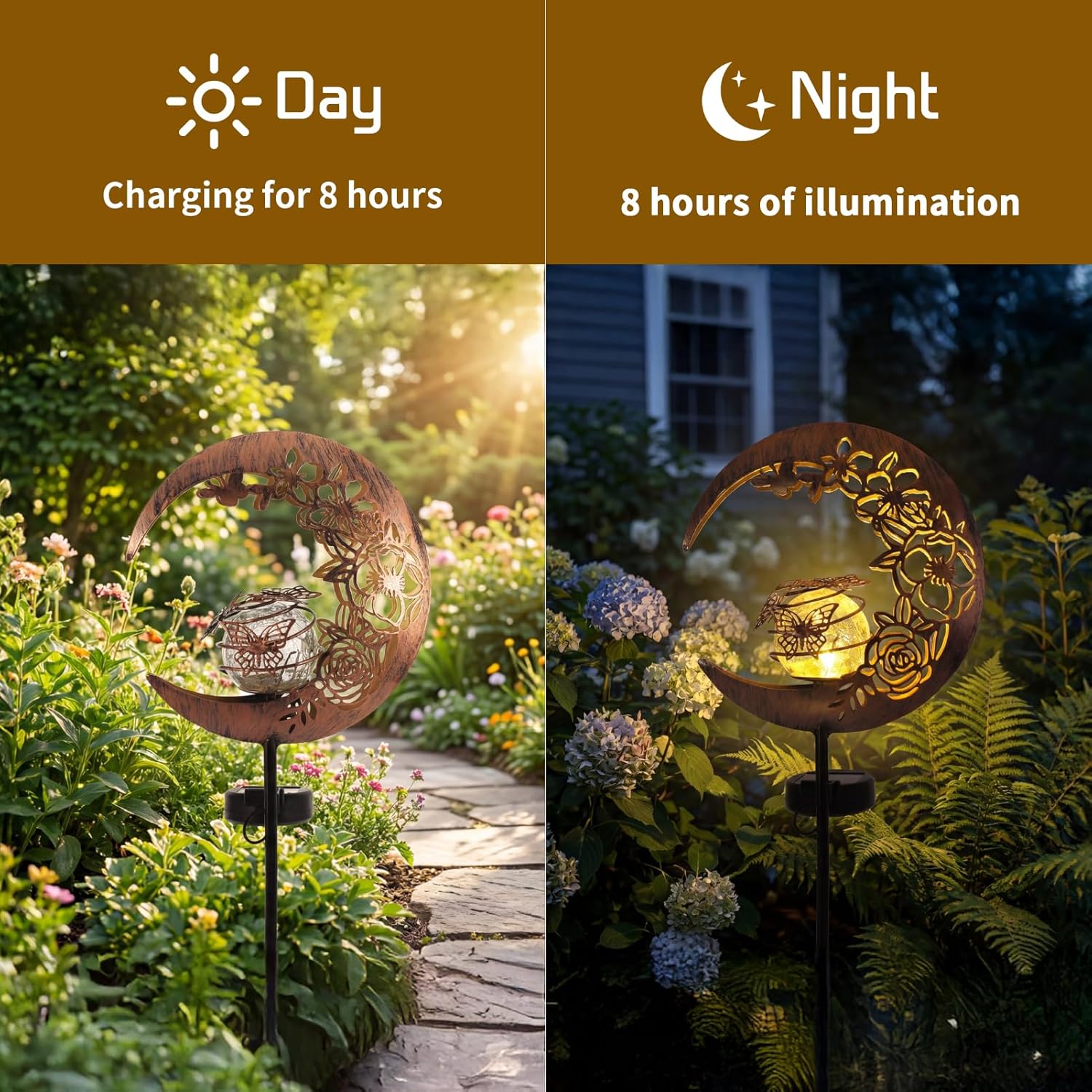 MEBRUDY Butterfly Solar Garden Outdoor Decor, Moon Figurine Light Stake Housewarming Ornament for Patio, Lawn, Yard, Pathway, Unique Gift Ideas for Gardening, Mom, Women, Grandma