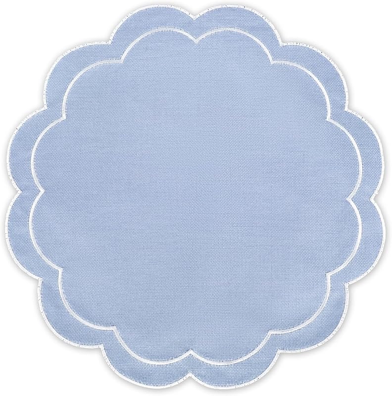 Dusty Blue Linen Placemats Embroidered Round Scalloped Kitchen Table Mats for Spring Easter Party Home Dining Table Decor, Set of 6, 15 x 15 in