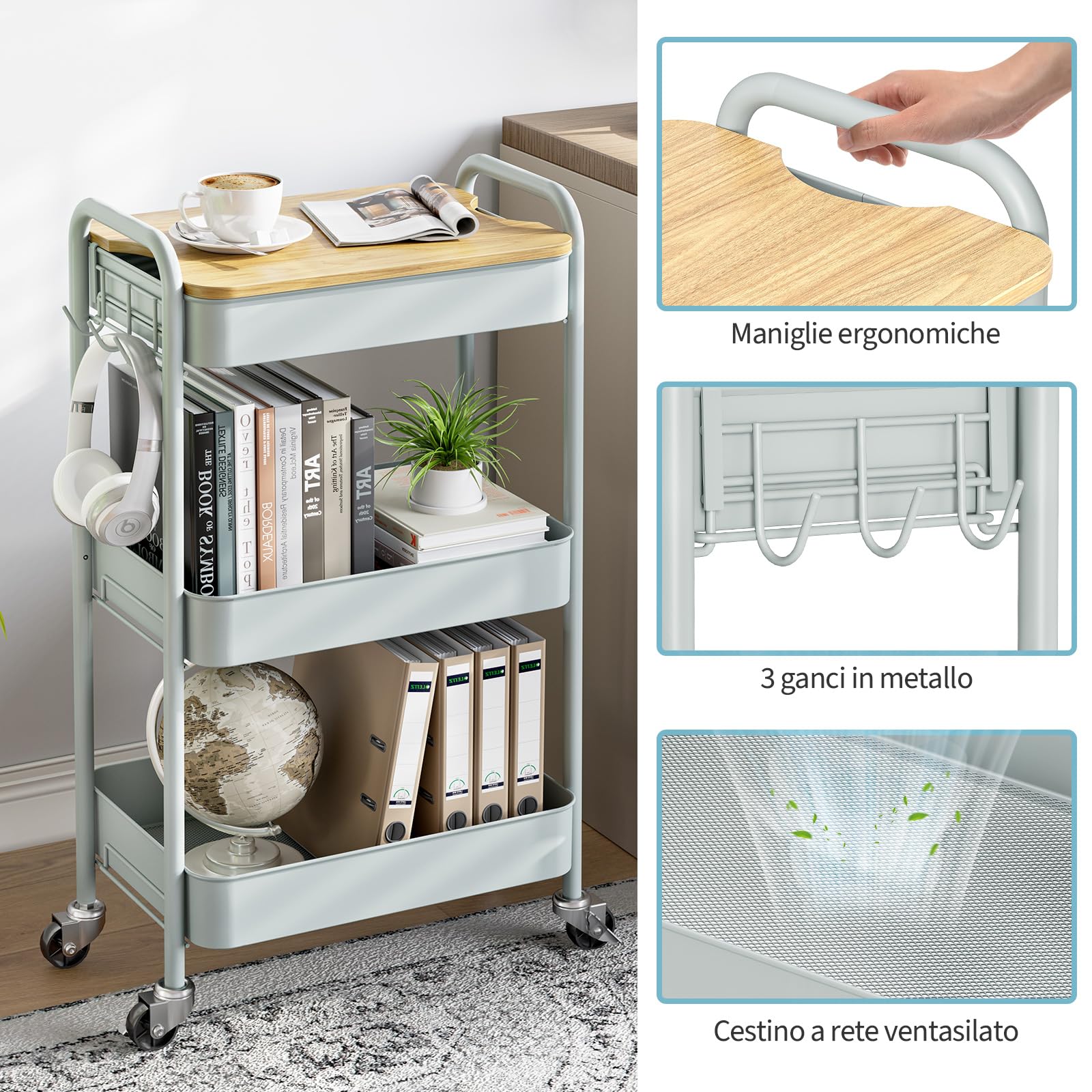 KINGRACK Carrello con Ruote Portatutto Cucina 3 Livelli, Carrellino Salvaspazio con Tavole Rimovibili - Verde, per Cucina/Soggiorno/Camera, Struttura in Metallo, Facile Montaggio, 44x30.5x79 cm