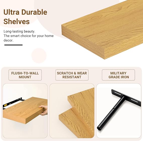Feihorrm Floating Shelves, 29.5cm Deep Wall Shelves, 40cm Long Oak Shelf