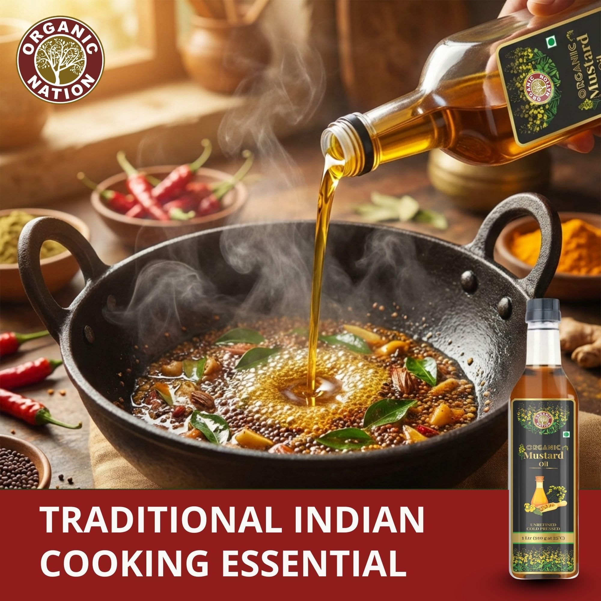 ORGANIC NATION Cold Pressed Mustard Oil - Quality Sarso Oil for Cooking and Massage - 100% Pure and Natural Mustard Oil 1 Ltr - Ideal for Healthy Cooking - Golden Yellow Color 3
