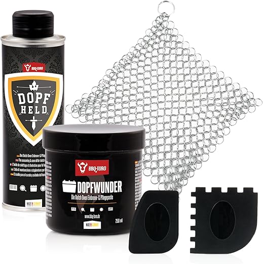 BBQ-Toro 5-teiliges Zubehör Set für Dutch Oven | mit Dopfheld, Dopfwunder, Grill Schaber und Ringreiniger | Reinigungsset, Pflegeset, Zubehörset | Pflegezubehör, Grillzubehör,…