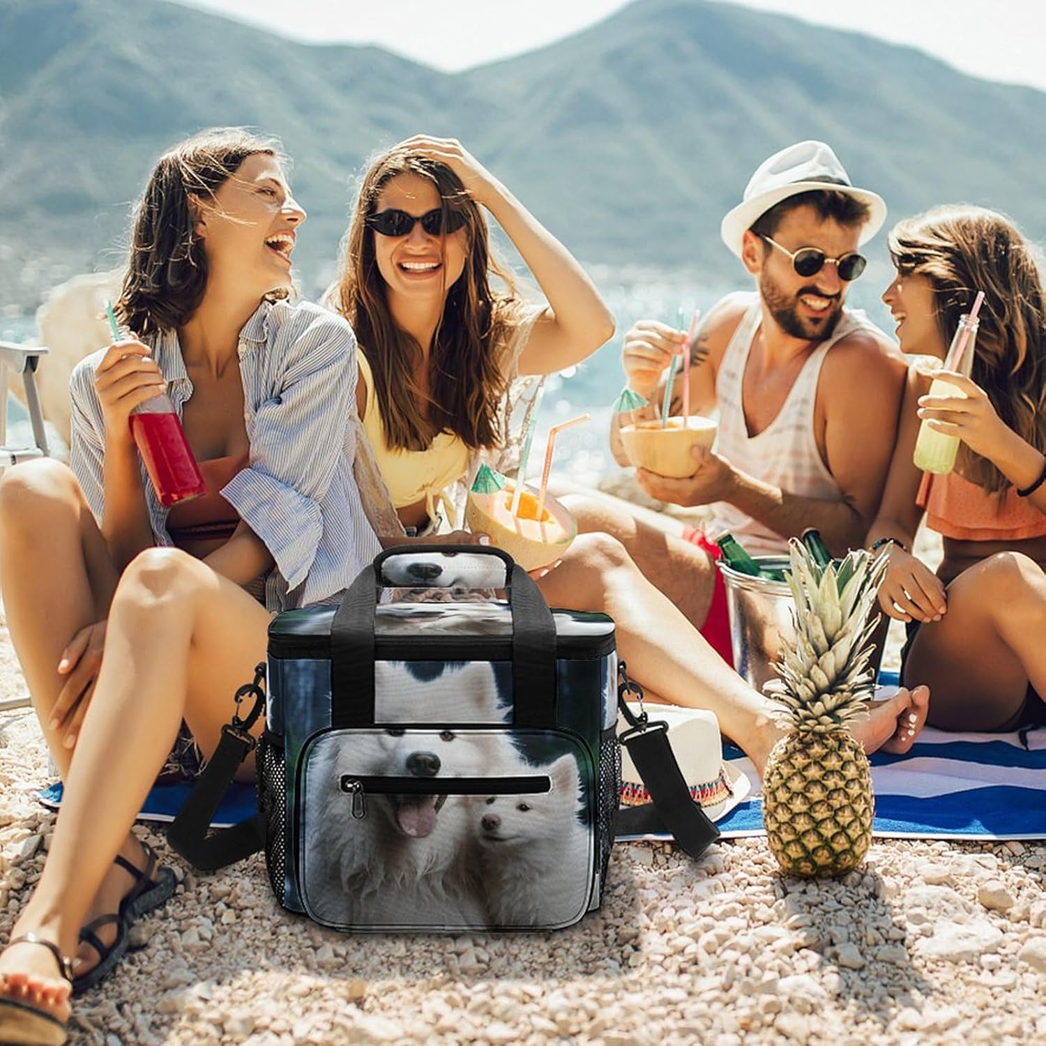 Camping Ice Pack, White Dog Print Cooler Bag, 22.5L Large Capacity Insulated Lunch Tote Bag for Outdoor, Picnic, BBQ, Travel, Work