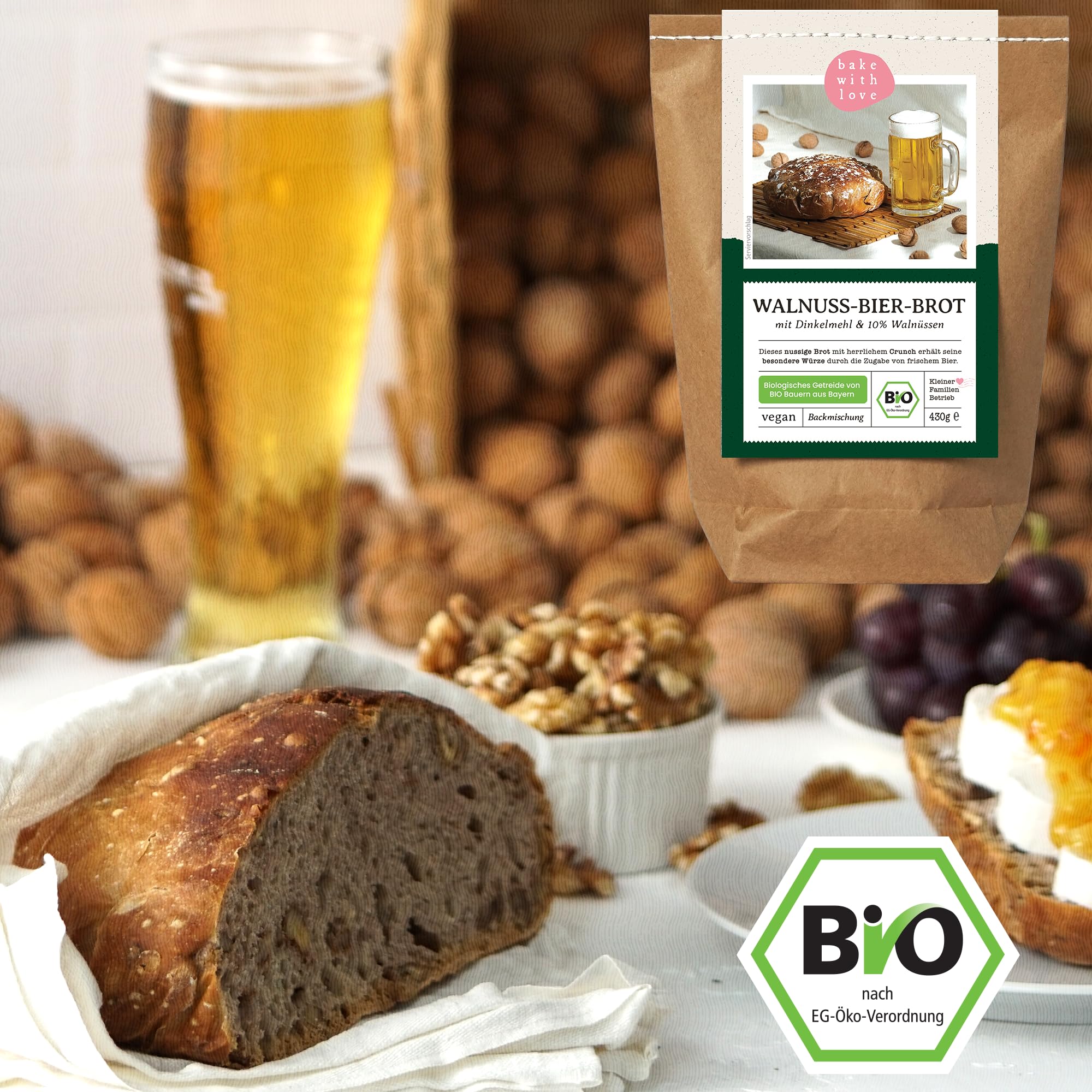 Bio Walnuss-Bier-Brot Backmischung - Brotbackmischung Geschenk für Bierliebhaber und Männer - Brotbackautomat geeignet - Bake with Love - (10er Pack)