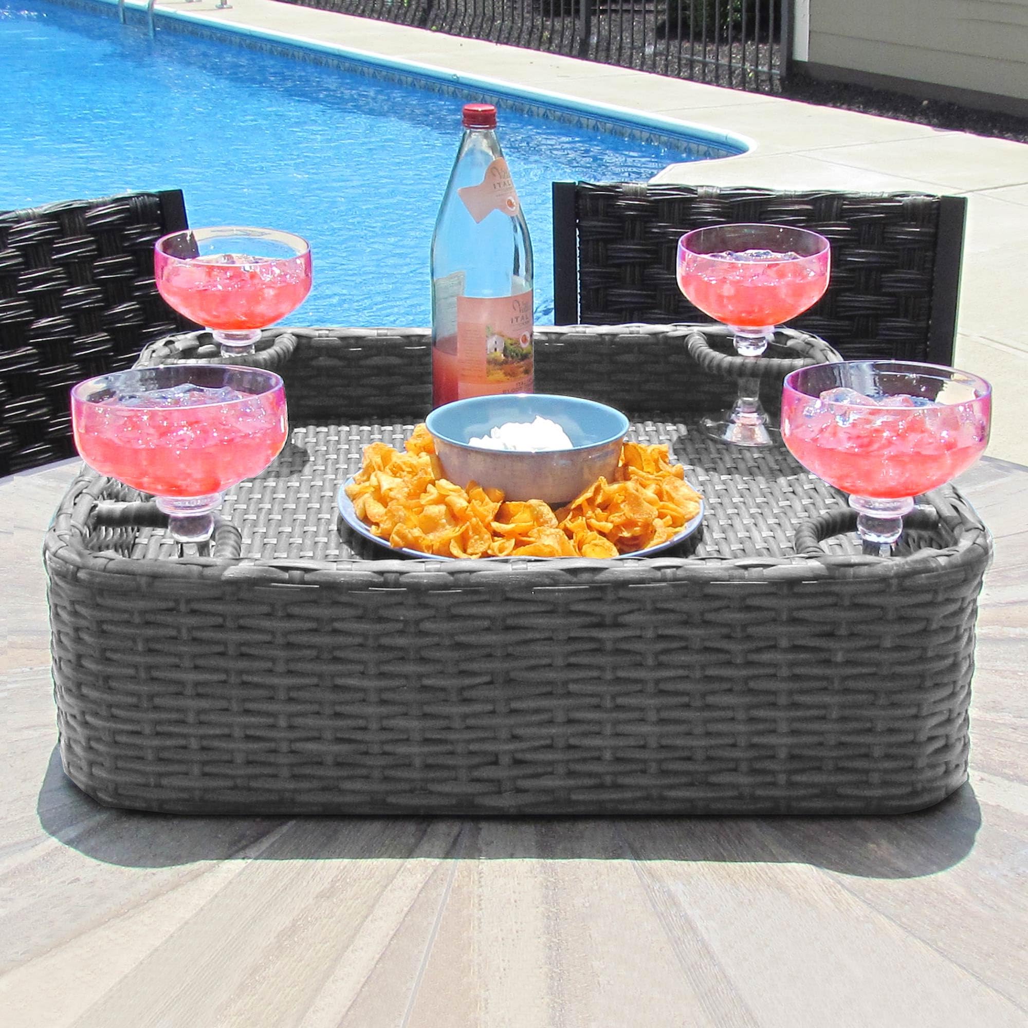 Sunjoy Wicker Floating Tray 24x24 in. Aluminum Frame Pool Tray - Swimming Floating Serving Tray for Drinks, Snacks, and Essentials - Fits Most Pool Sizes - Perfect for Pool Parties and Relaxing, Grey