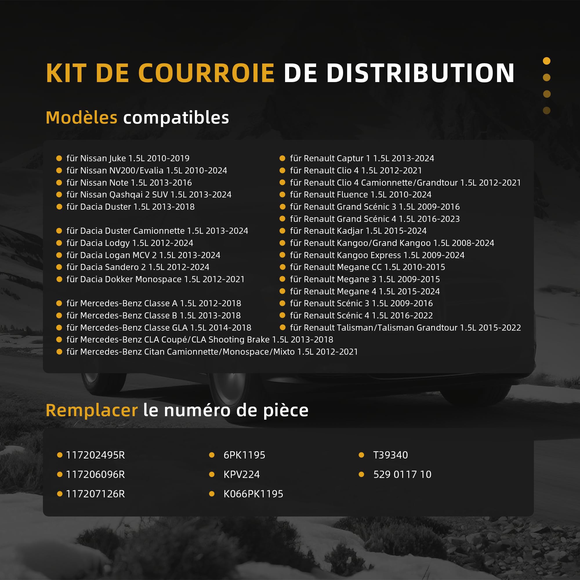 K066PK1195 Kit de courroie multi-V compatible pour Dacia Dokker Duster Lodgy 12-24 pour Classe A B GLA CLA 12-21 pour Juke Note Qashqai 2 10-24 pour Captur Clio 4 Fluence Grand Scénic Megane 3 4# 6PK