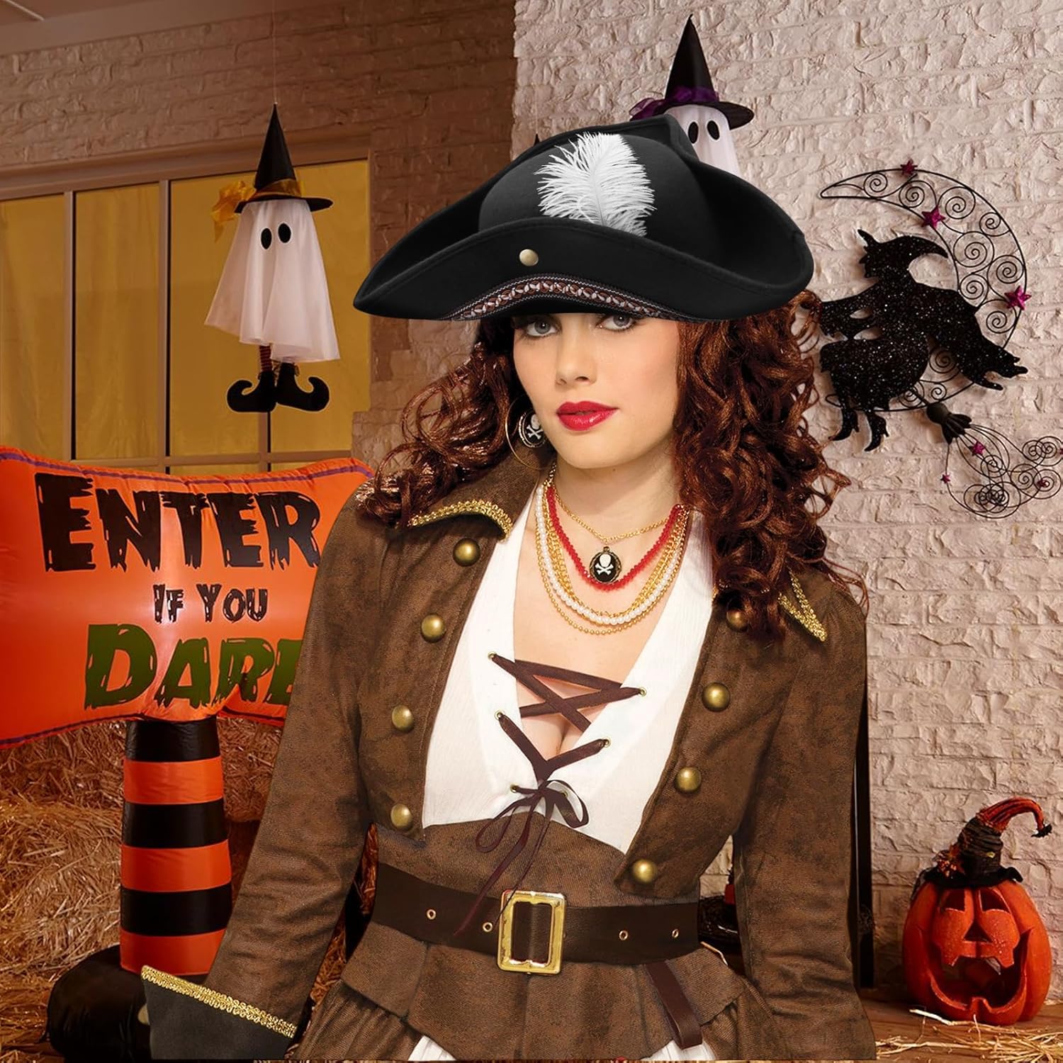 Adult Tricorn Pirate Hat with Feather for Halloween, Black Pirate Captain Hat for Colonial Revolutionary, for Women Men - Image 2