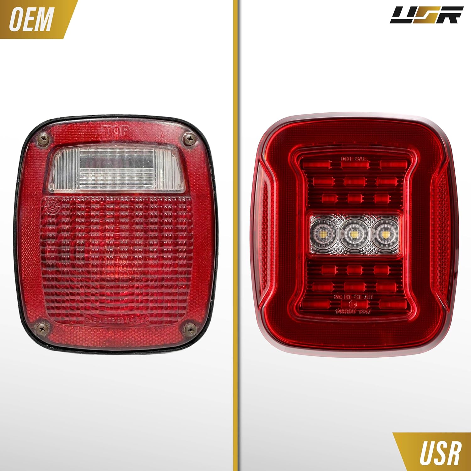 USR 97-06 TJ SUV Rear Tail Lamps 2pc Set (Left + Right) Compatible with 1997-2006 Jeep Wrangler 2D/4D Sport Utility Vehicle (JL STYLE TAIL LIGHT FULL LED RED LENS WITH RED PARKING BAR)