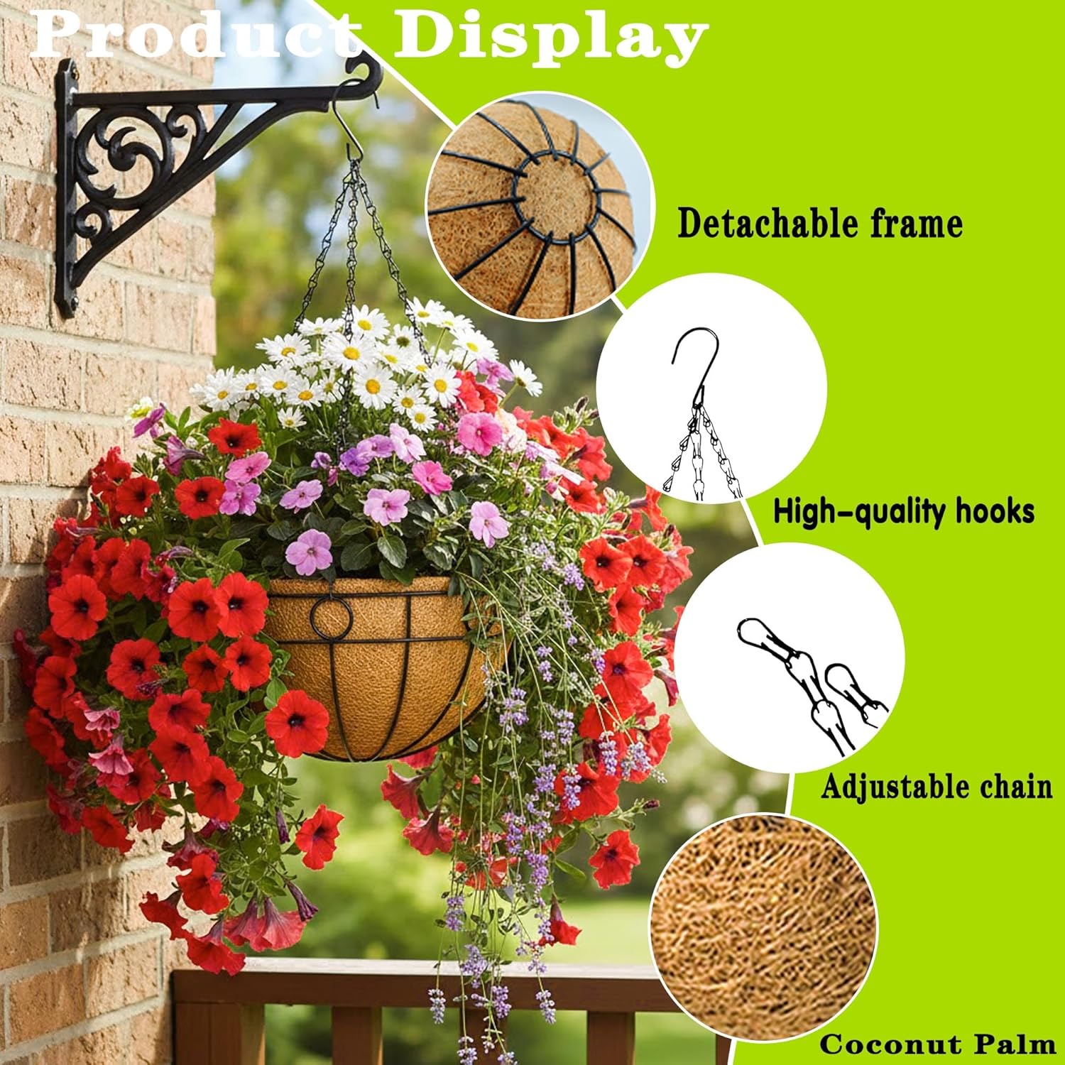 4 Pack 12" Round Metal Hanging Basket for Outdoor Plants Durable Large Hanging Planter with Coco Coir Round Plant Holders Planter for Outside Garden Decoration (Circular)