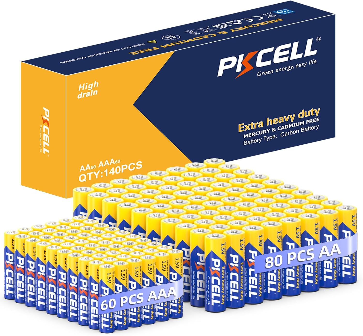 PKCELL AA AAA Batteries Combo Pack, 120 Count Contains 60 Double A and 60 Triple A Batteries, 1.5V High-Performance Carbon Battery, Long Lasting Battery for Home and Office