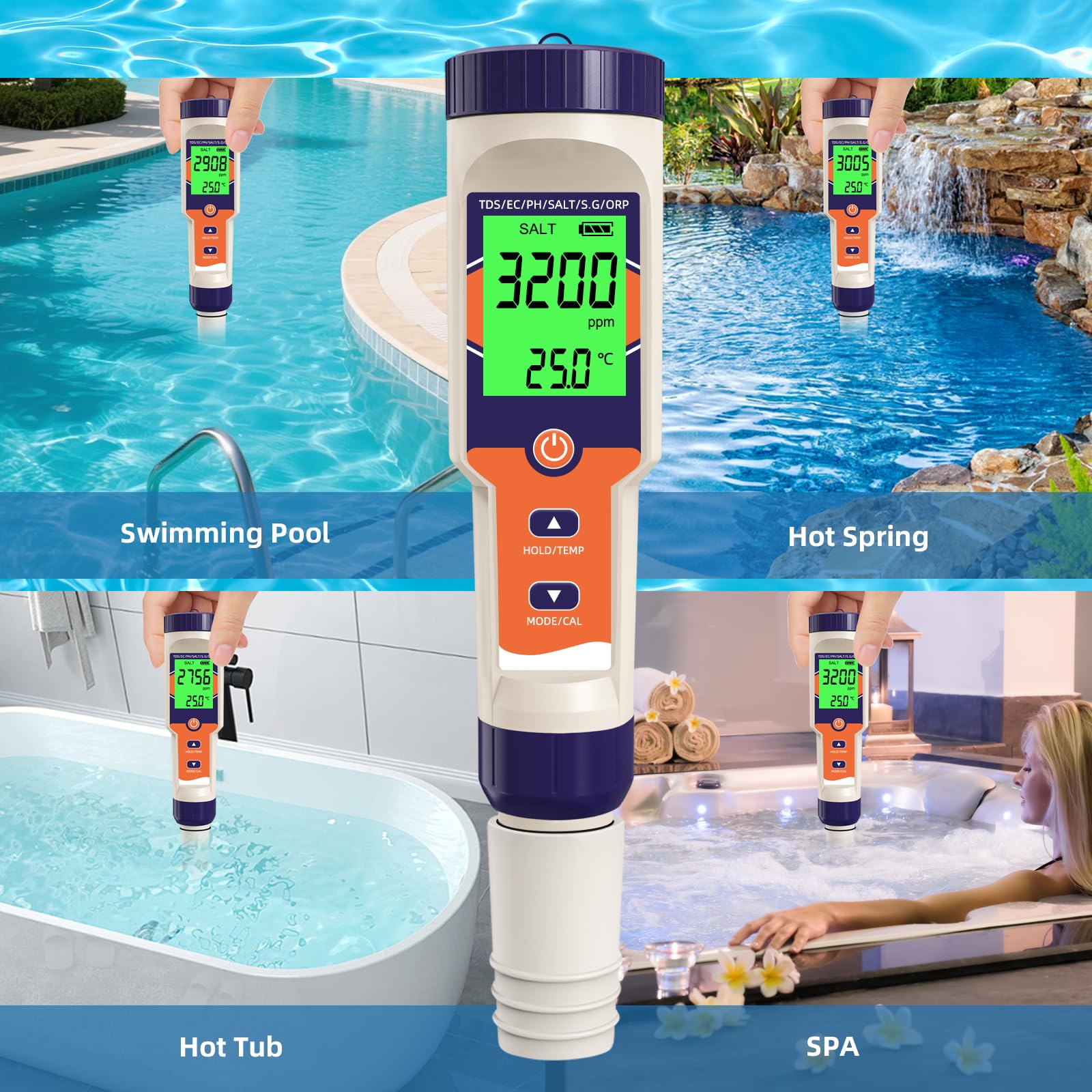 Probador digital de sal de piscina 7 en 1 | pH, ORP, salinidad, TDS, EC, medidor de temperatura, para piscinas de agua salada, jacuzzis, spas, acuarios, hidroponía