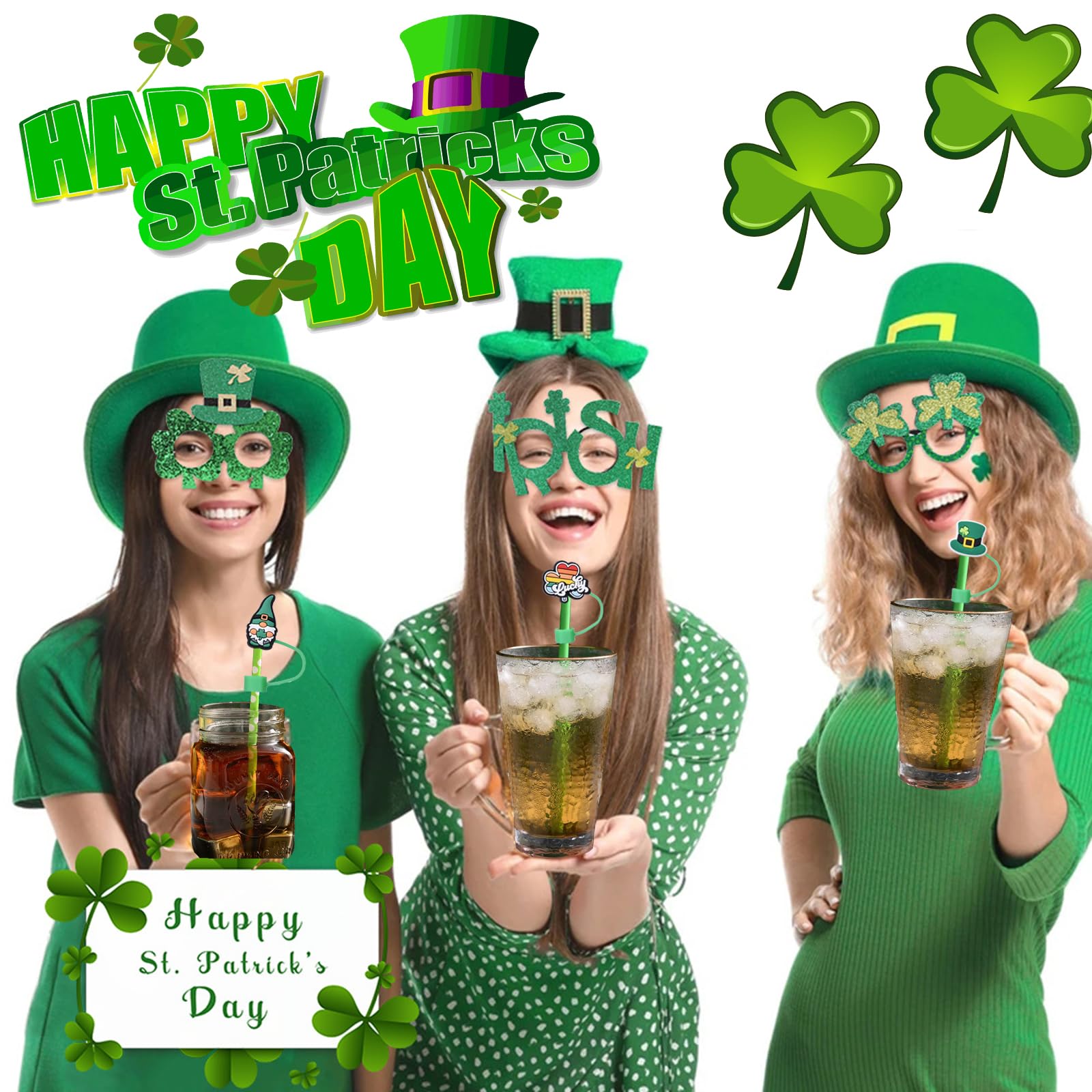 10mm Straw Cover Caps for Stanley Cup 30&40 Oz Tumbler, St.Patrick's Day Straw Topper Silicone Reusable Straw Plugs Green Shamrock Stanley Cup Accessories, Straw Tips for Kids Party Favors-5Pcs