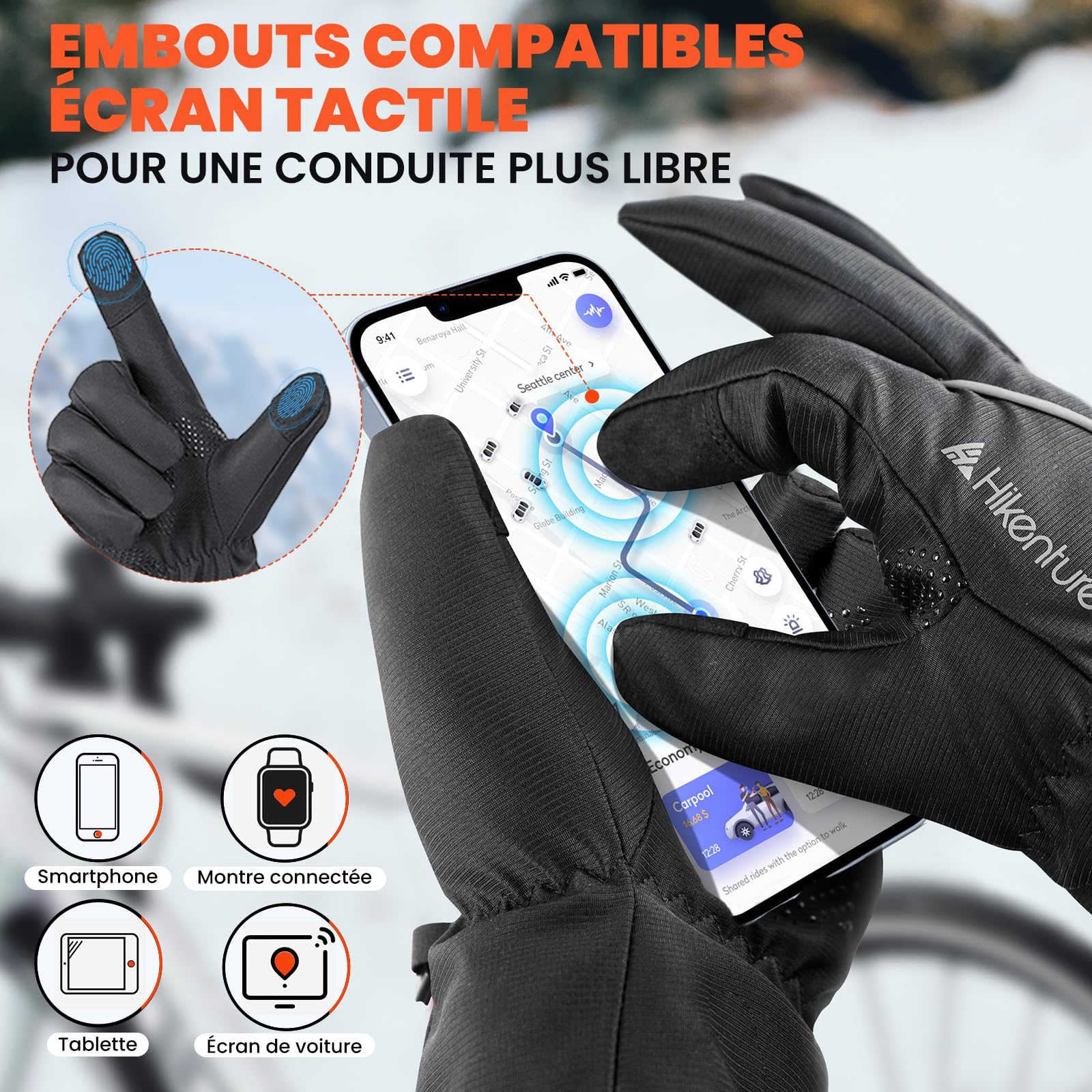 HIKENTURE Gants d'hiver imperméables, gants de cyclisme pour homme et femme avec polaire - Chauds et coupe-vent - Écran tactile - Gants de vélo d'hiver - Gants de ski antidérapants - Gants de course