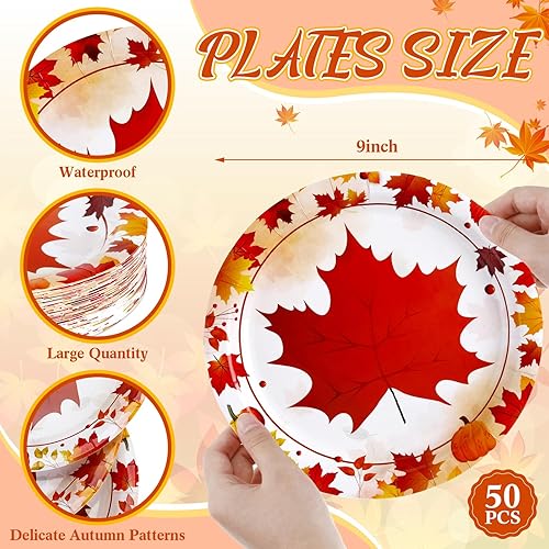Miniatura 3 de 50 platos de papel de otoño de 9 pulgadas, platos de calabaza de Acción de Gracias, platos redondos de papel con hojas de otoño, platos desechables