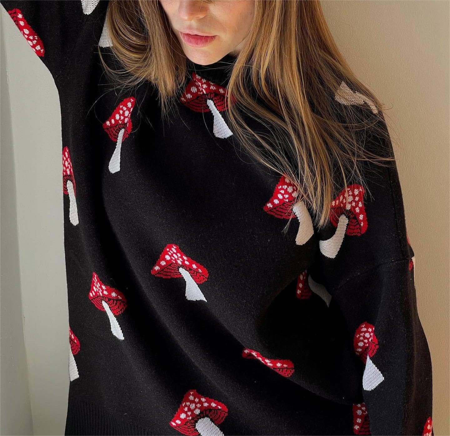 Apvirdy Mushroom Sweater Women Crewneck Long Sleeve Knit Sweater Loose Cute Graphic Pullover Sweater - Image 5