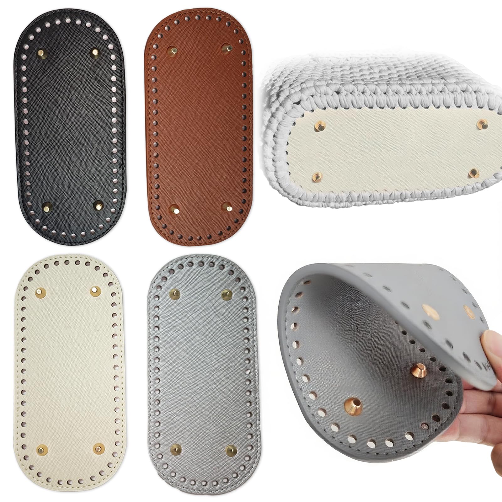 Set Di 3 Fondi Per Borse In Pelle PU, Ovale Con Fori, 22x10 Cm, Per Uncinetto E Borse Fai-da-te, Colori Argento, Marrone E Beige