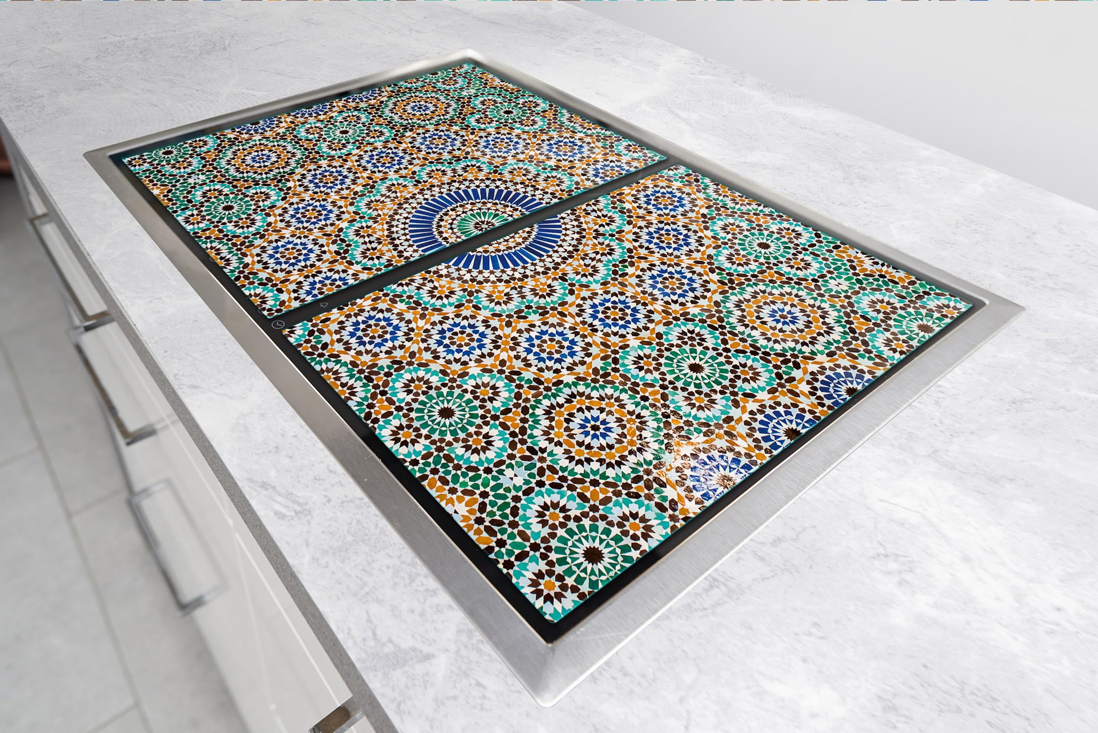 TMK ArtDeko Copri piano cottura induzione 70 x 52 cm copertura per piano cottura in vetroceramica 1 pezzi universale per piastre di cottura paraspruzzi tagliere in vetro temprato, fiammingo