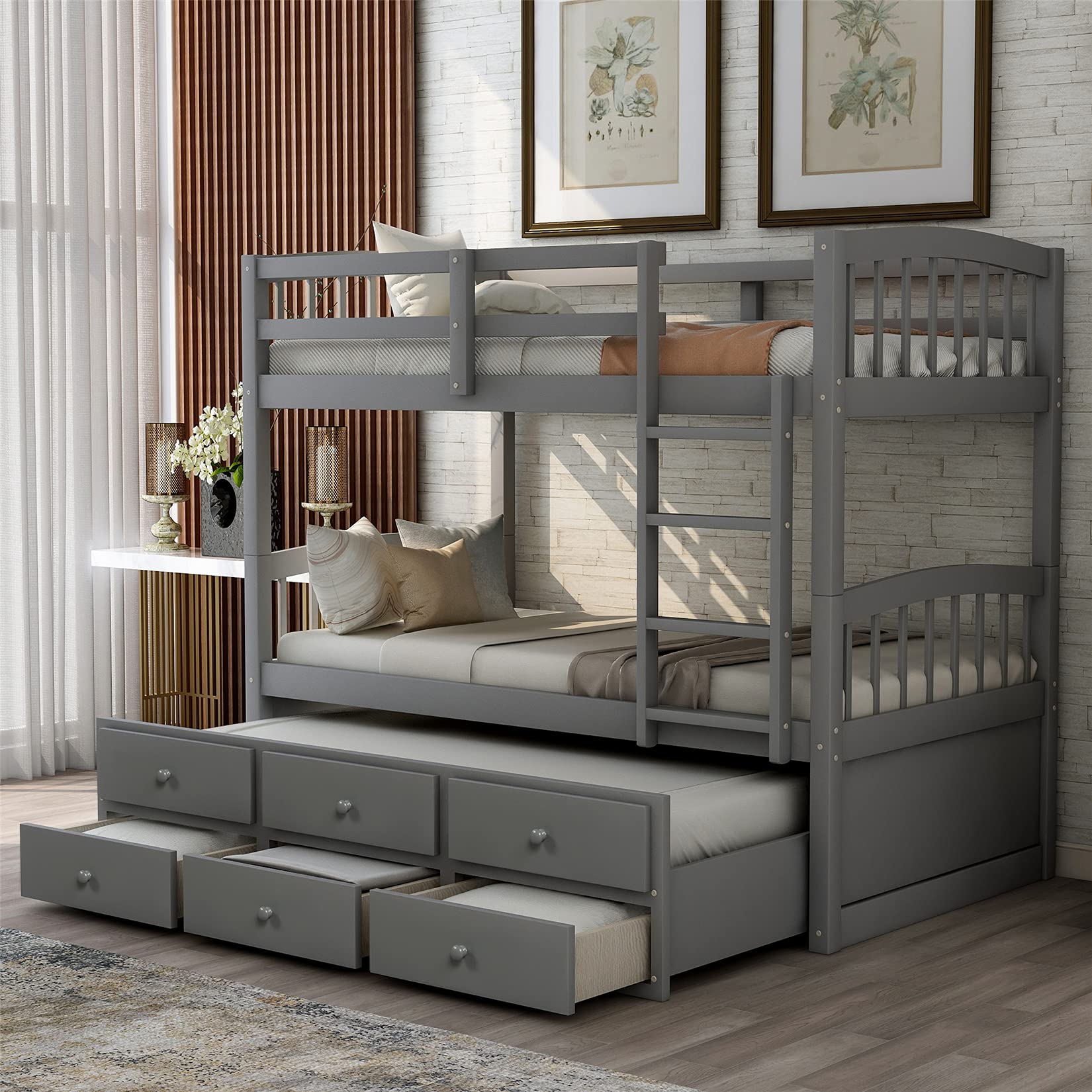 Harper Bright Designs Twin Over Twin Bunk Bed with Trundle and Storage  Drawers Wood Bunk Beds Frame for Kids Girls Boys Teens, Gray