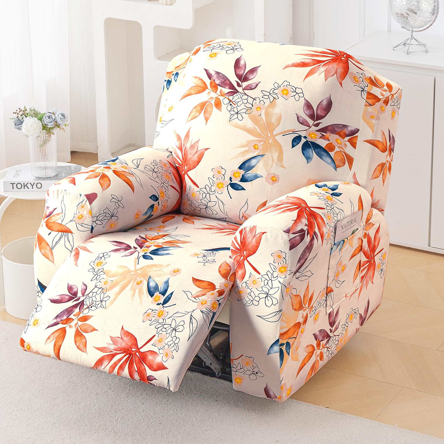 HOKIPO Premium Printed Velvet Fully Covered Recliner Sofa Cover for 1 Seater, Amber Serene Flora (AR-6285-D3)-image-10
