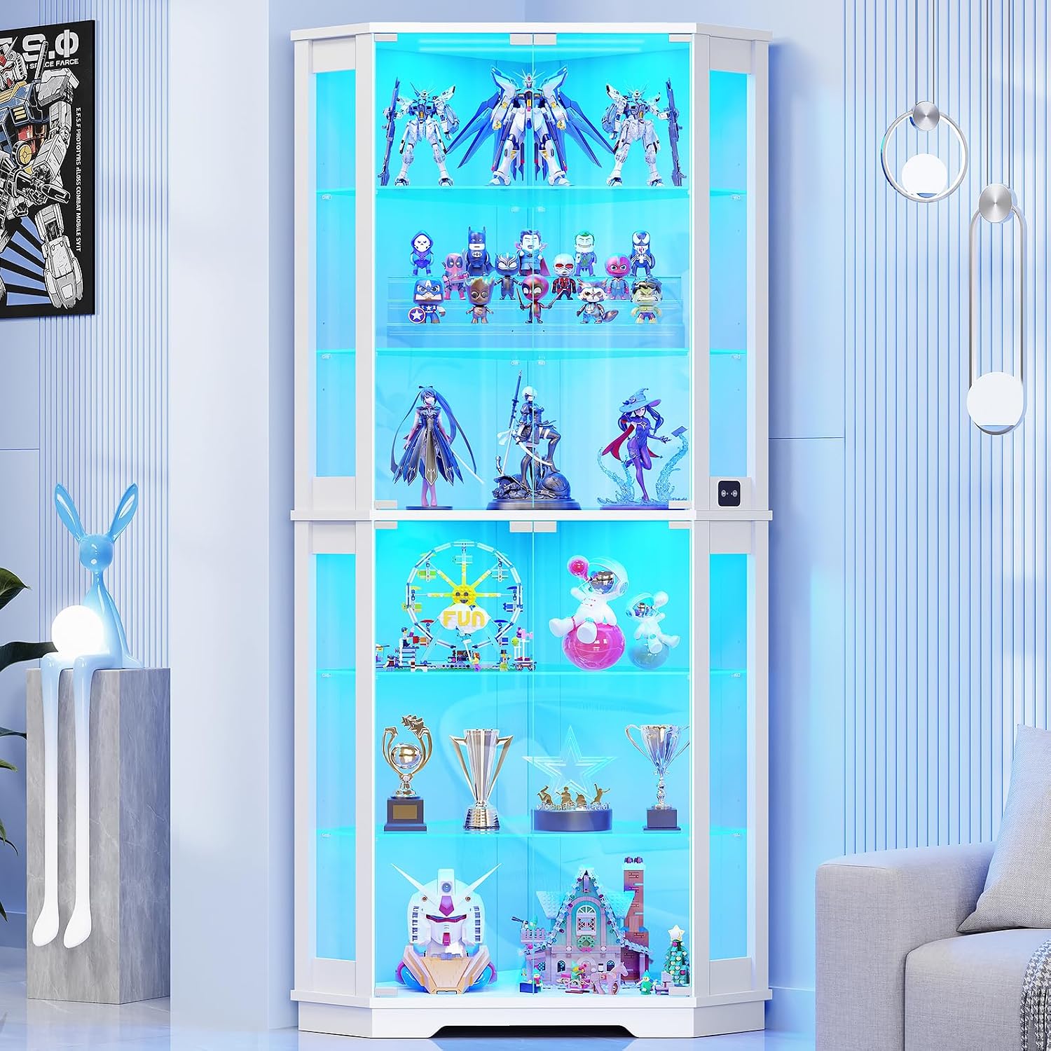 BROTTAR 71" Corner Display Cabinet with Glass Doors for Collectibles, White