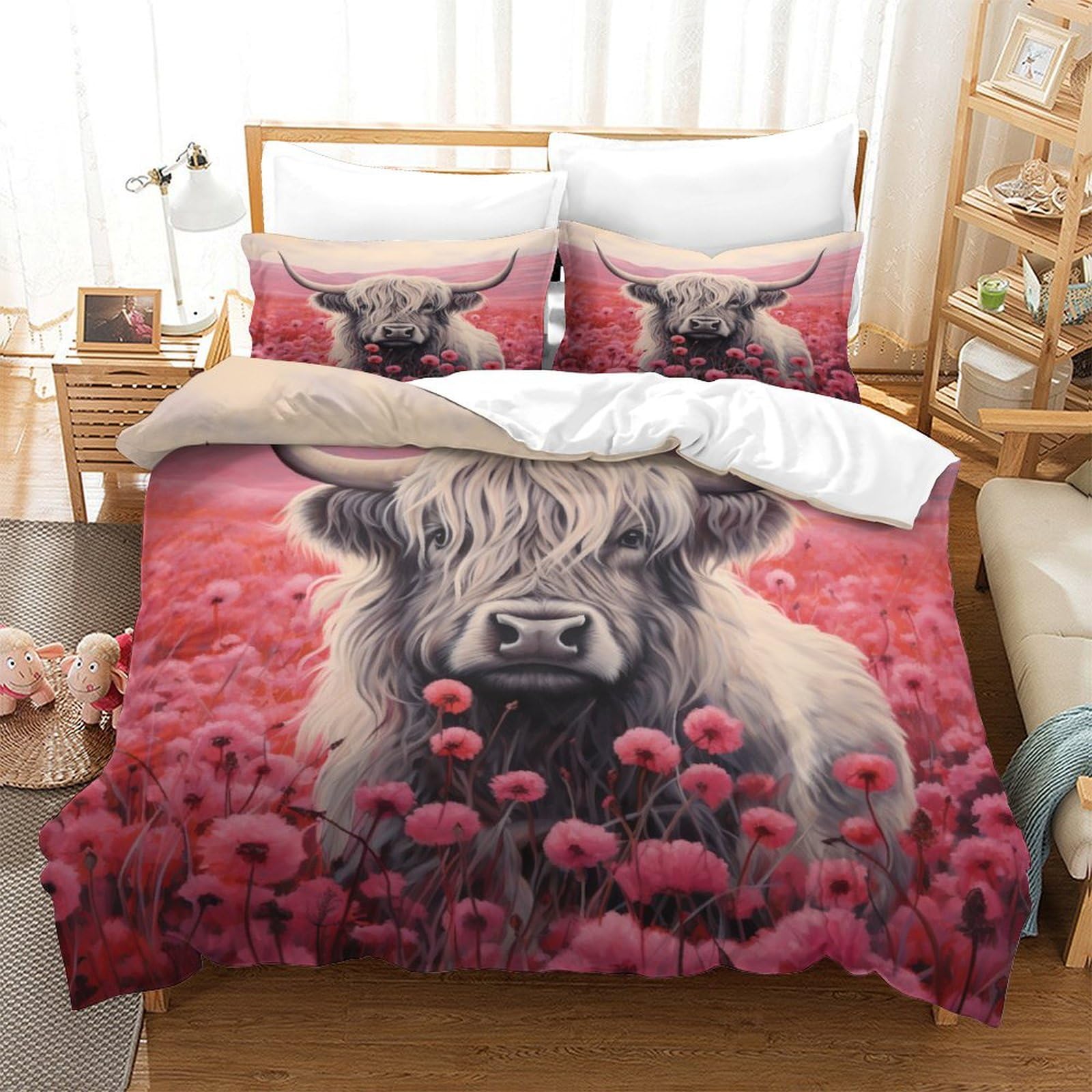 Housse de couette 260x220 fermeture éclair respirante avec taies d'oreiller imprimé vache