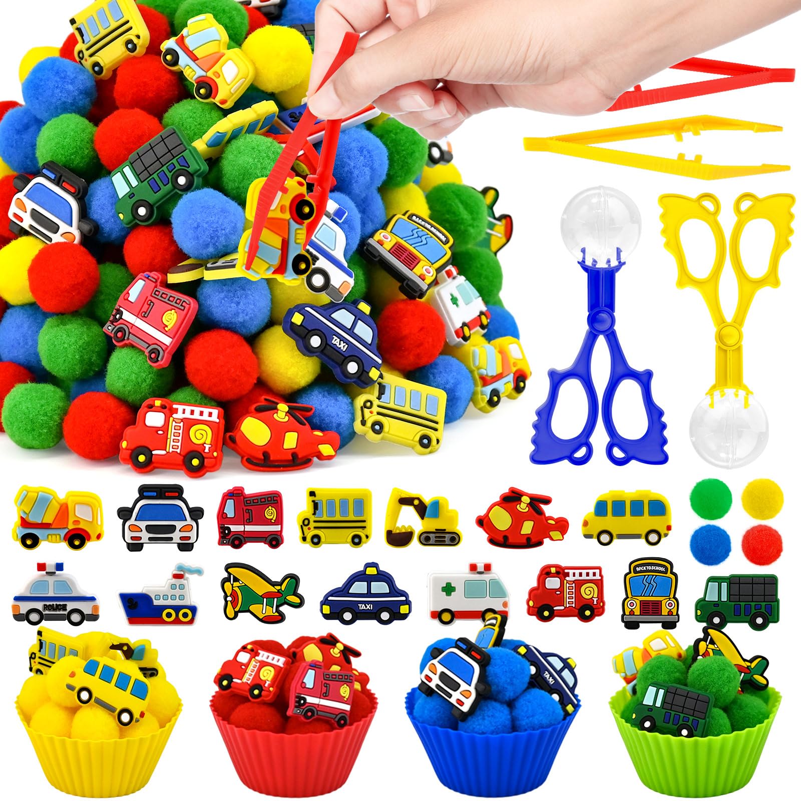 Cars Sensory Bin Items Transportation Counting Sorting Sensory Bin Filler Fine Motor Excavator Ambulance Fire Engine Police Car Taxi School Bus Counts for Summer Sorting Counting Decor