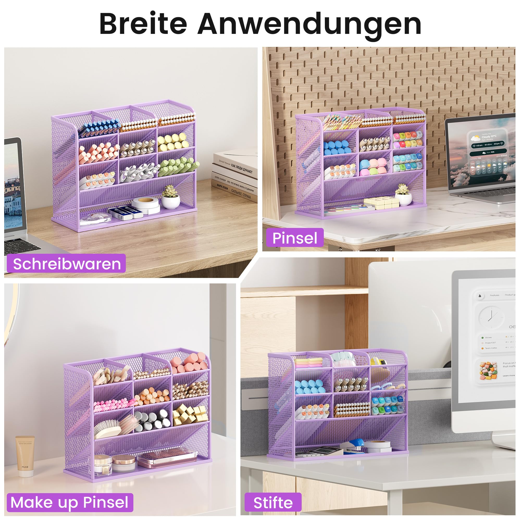 VITVITI Organizer da scrivania, 9 scomparti, portapenne, in metallo, portapenne, per scuola, casa, ufficio (viola)