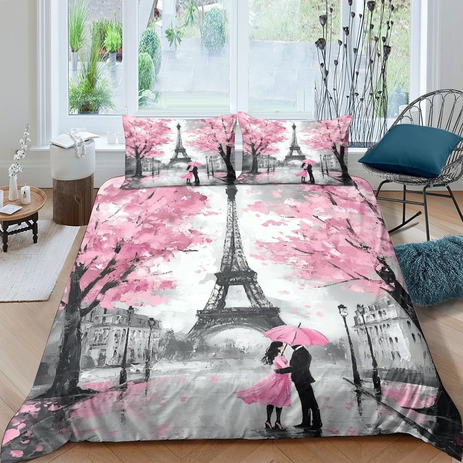 Ctjqhvkz Style-9 3D Printed Eiffel Tower Pink Blossom Fitted Sheet Microfiber Soft Romantic Paris Bed Cover Bedroom Decor Single（135X200cm）