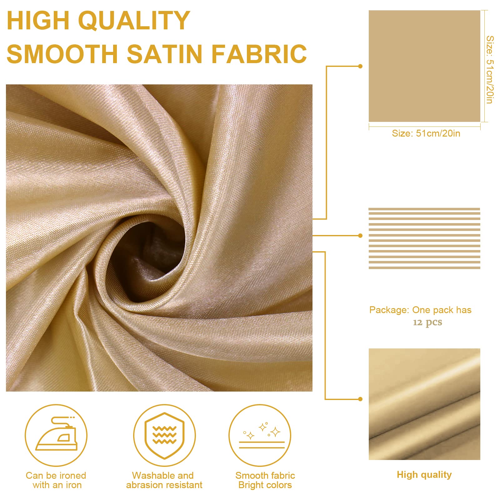 HEMEIREN 12Packs Cloth Napkins, Champagne Gold Satin Cloth Napkins, 20 * 20inch - Image 2