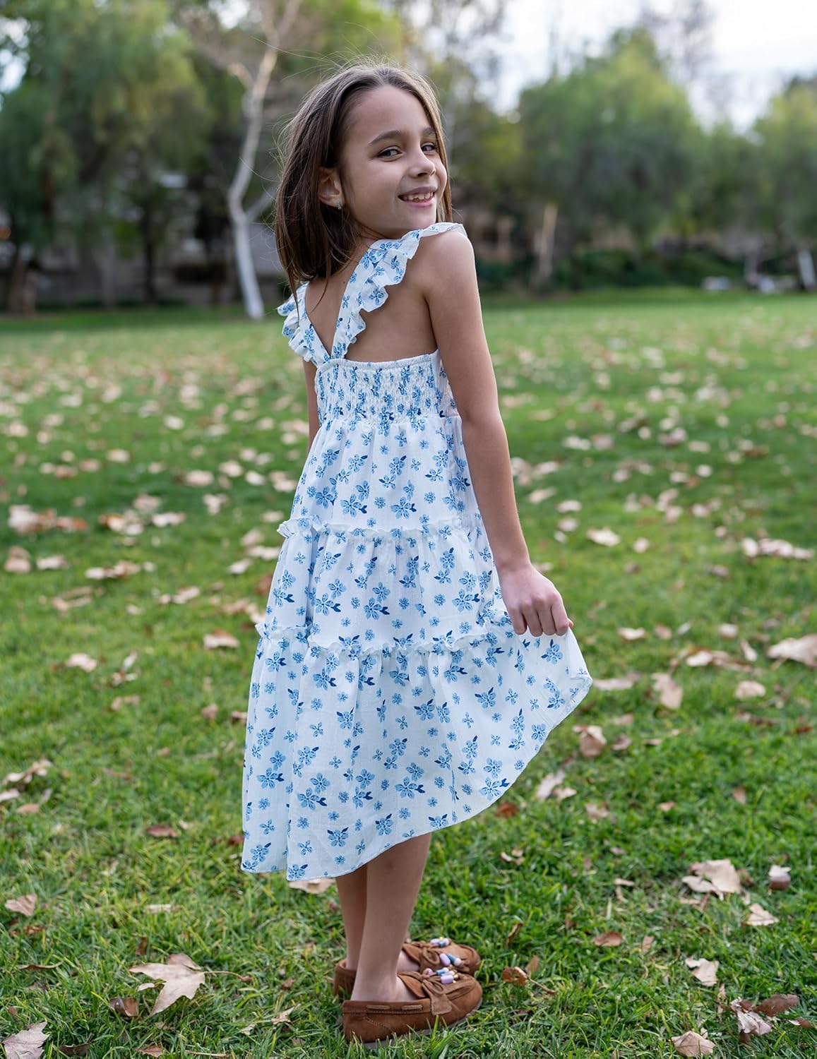 Arshiner Toddler Girls Dress Ruffle High-Low Hem Smocked Dresses Summer Beach Butterfly Sundress with Pocket - Image 3