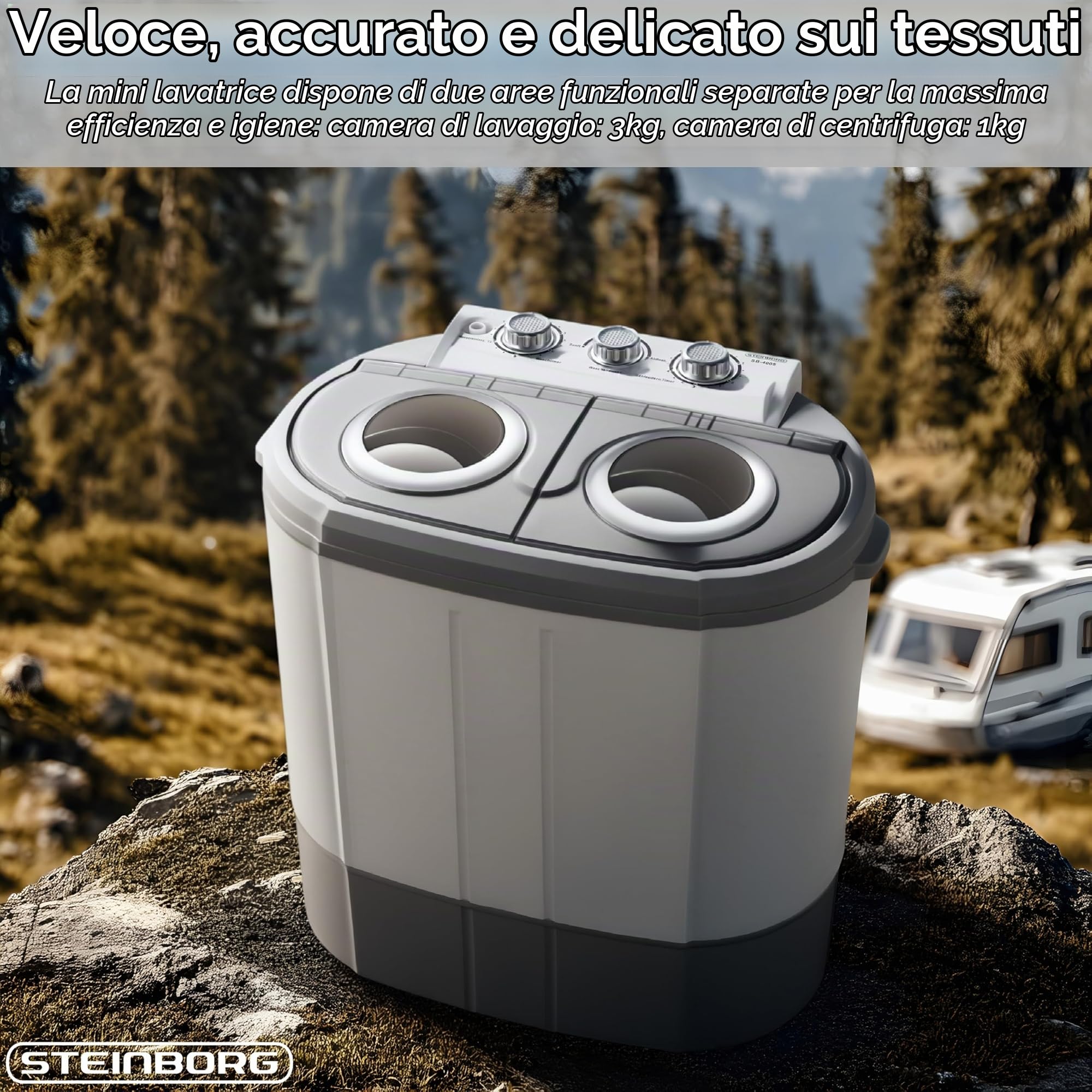 Steinborg Mini lavatrice con centrifuga, toploader a 2 scomparti, capacità di lavaggio fino a 3 kg, borsa centrifuga fino a 1 kg, lavatrice compatta, ideale per campeggio, viaggi e piccole famiglie