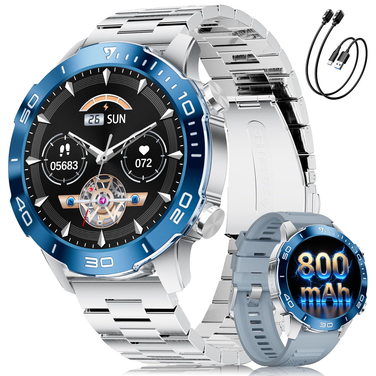 LIGE Smartwatch Herren 800mAh 1.43" HD für Android/iOS, Silber | AMOLED Screen, Langer Akkulaufzeit, 170+ Sportprofile, IP68 Wasserdicht, Bluetooth-Telefonie, 24/7 Gesundheits-Tracking
