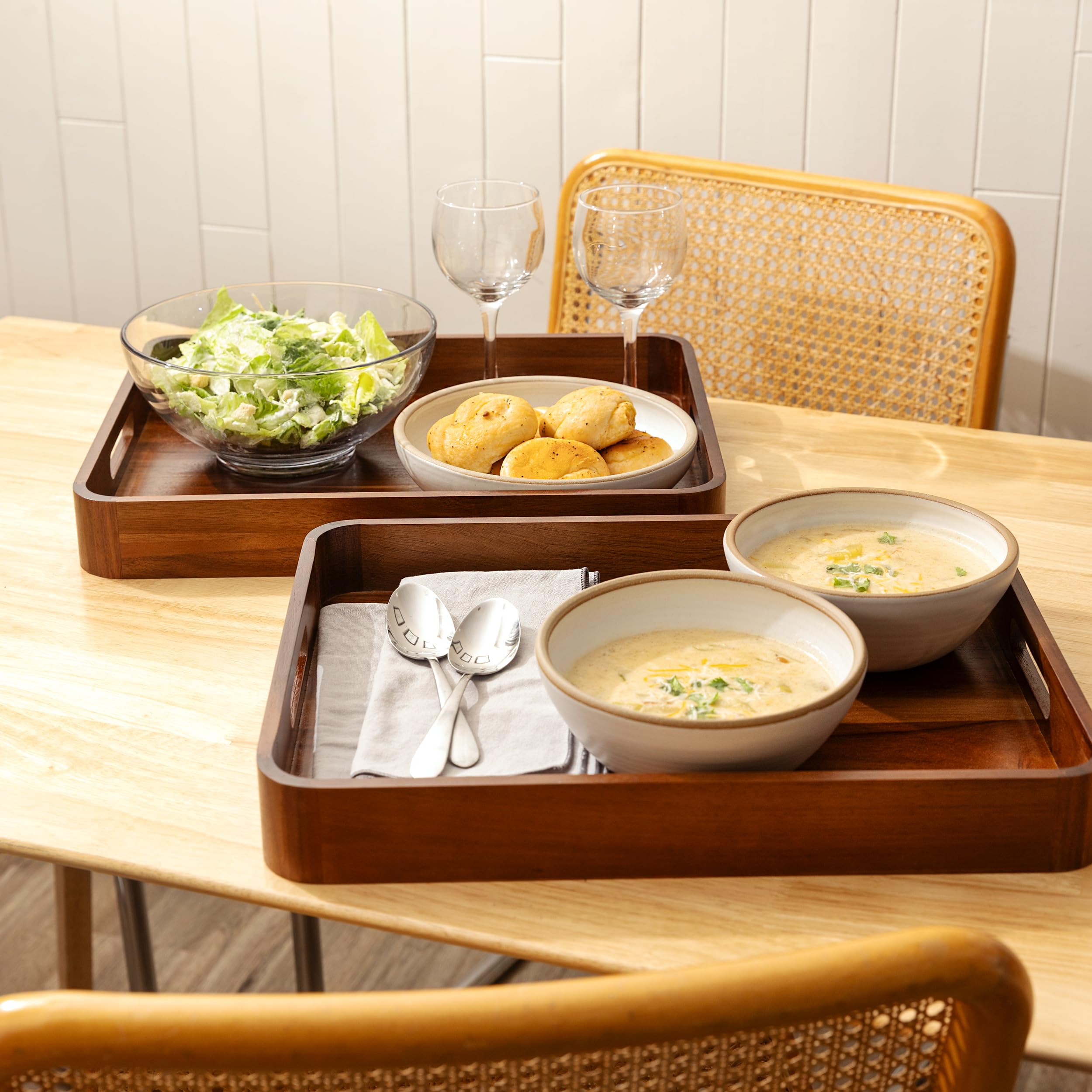 Set Da 3 Vassoi In Legno Di Acacia Con Manici | Vassoi Decorativi Per Colazione A Letto, Pranzo, Snack | Ideali Per Divano E Giardino