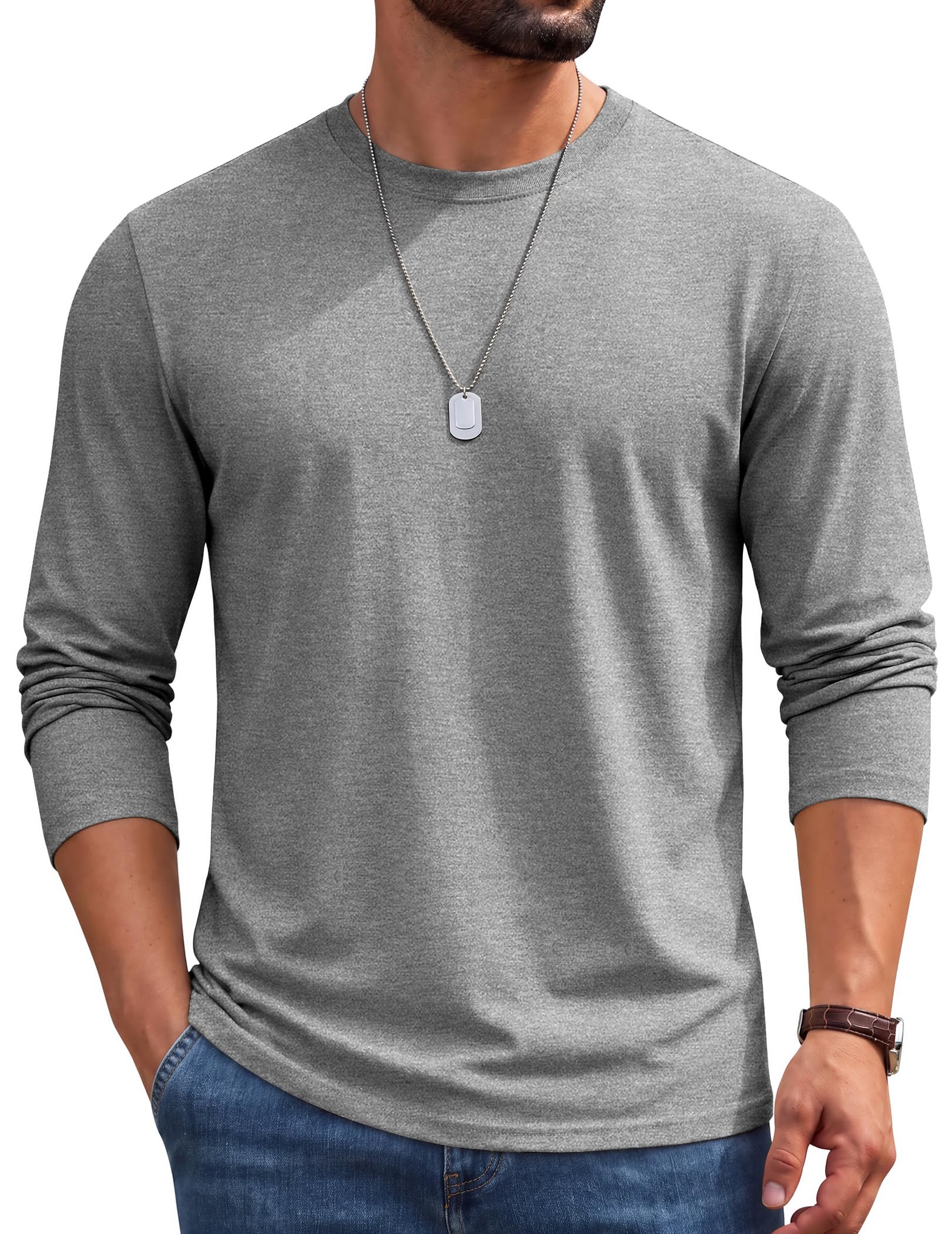 COOFANDY Mens Long Sleeve Shirts Crew Neck Cotton T-Shirt Casual Shirts | Cotton Fabric, Comfortable and Breathable for Daily Wear, Ribbed Crew Neck, reinforced with Double-Needle Topstitching