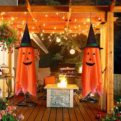 Miniatura 5 de Decoraciones de Halloween para el hogar, paquete de 2 calabazas naranjas preinstaladas, sombrero de mago para decoración de otoño al aire libre,