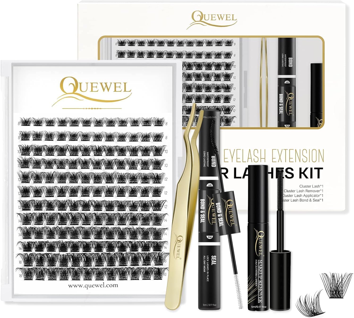 Individual-Lashes 144 Cluster-Lashes QUEWEL DIY Eyelash Extensions Kit, Clusters Eyelash Applicator, Cluster-Lashes Bond and Seal Super Hold, Clusters Lash Glue Remover Easy to Remove(QU-RR-DH-01)