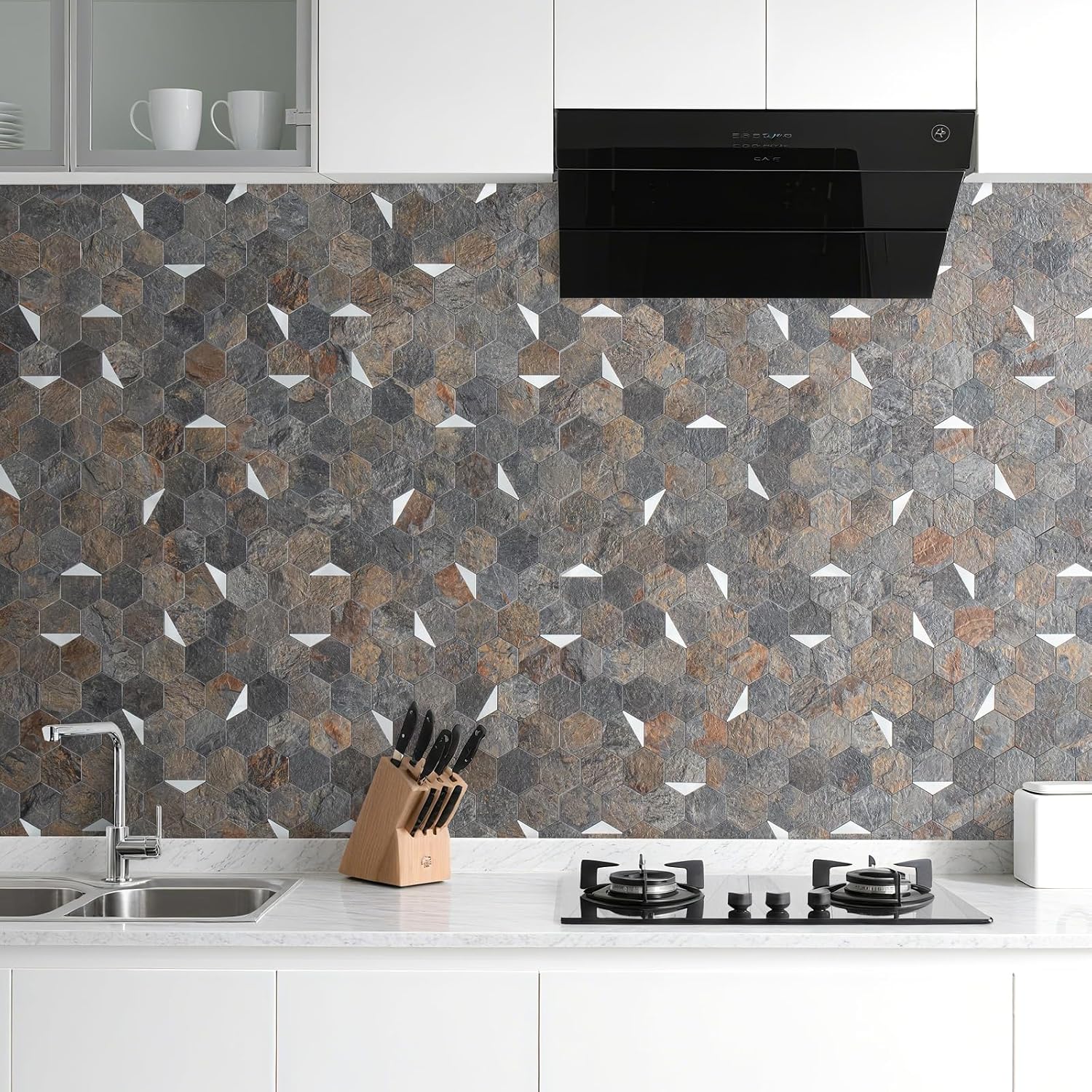 DICOFUN Hexagon Tile Mixed Metal Peel and Stick Backsplash, Self Adhesive Mosaic Tiles for Kitchen and Bathroom (10, Rust Slate and Silver)