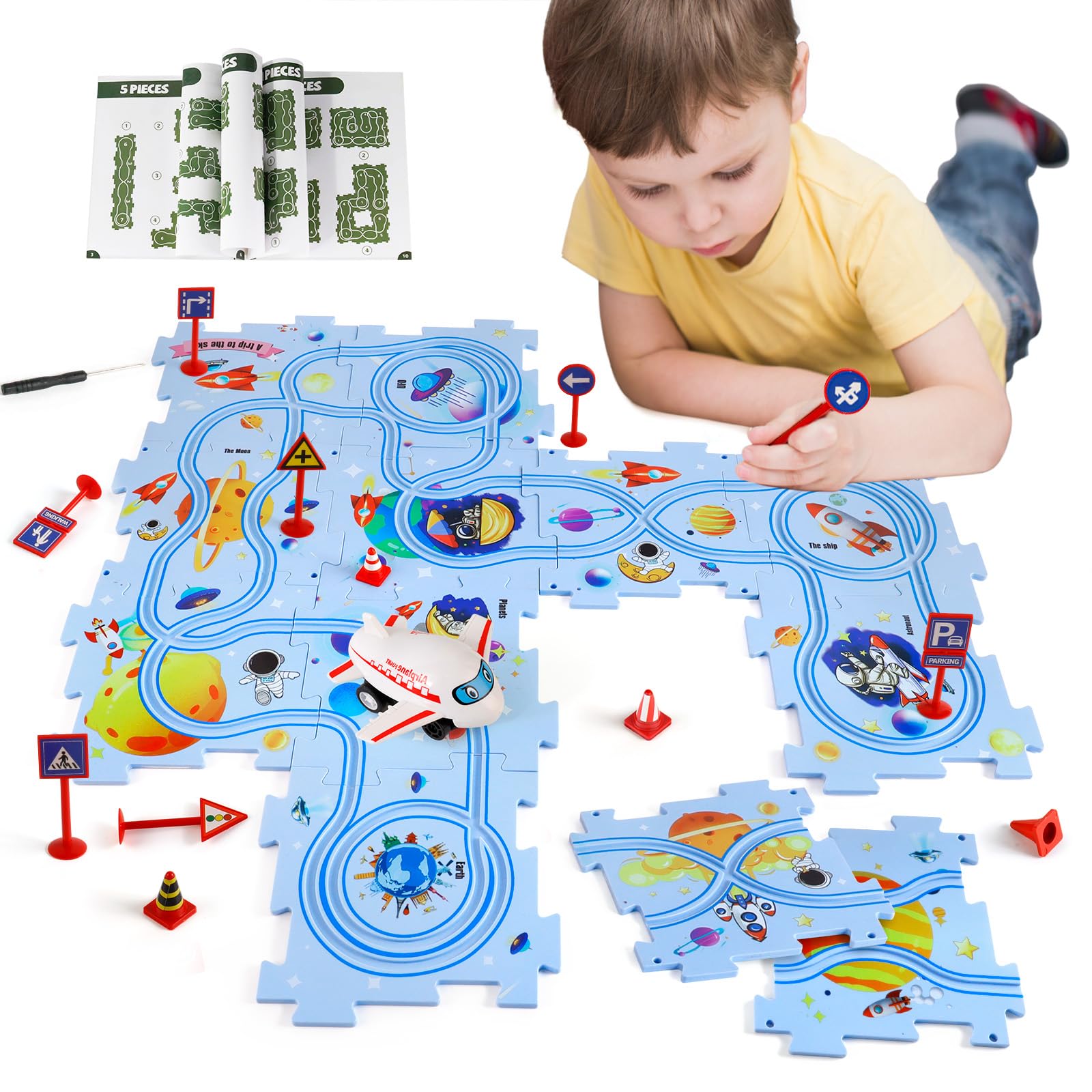 XAZASTOV Puzzle Track Car Play Set, DIY Assembling Electric Trolley Puzzle Racer Kids Car Track Set with Airplane, Toy Cars for Kids Puzzle Slot Car Track Plaset, Toys for 3 4 5 6 Year Old Boys Girls
